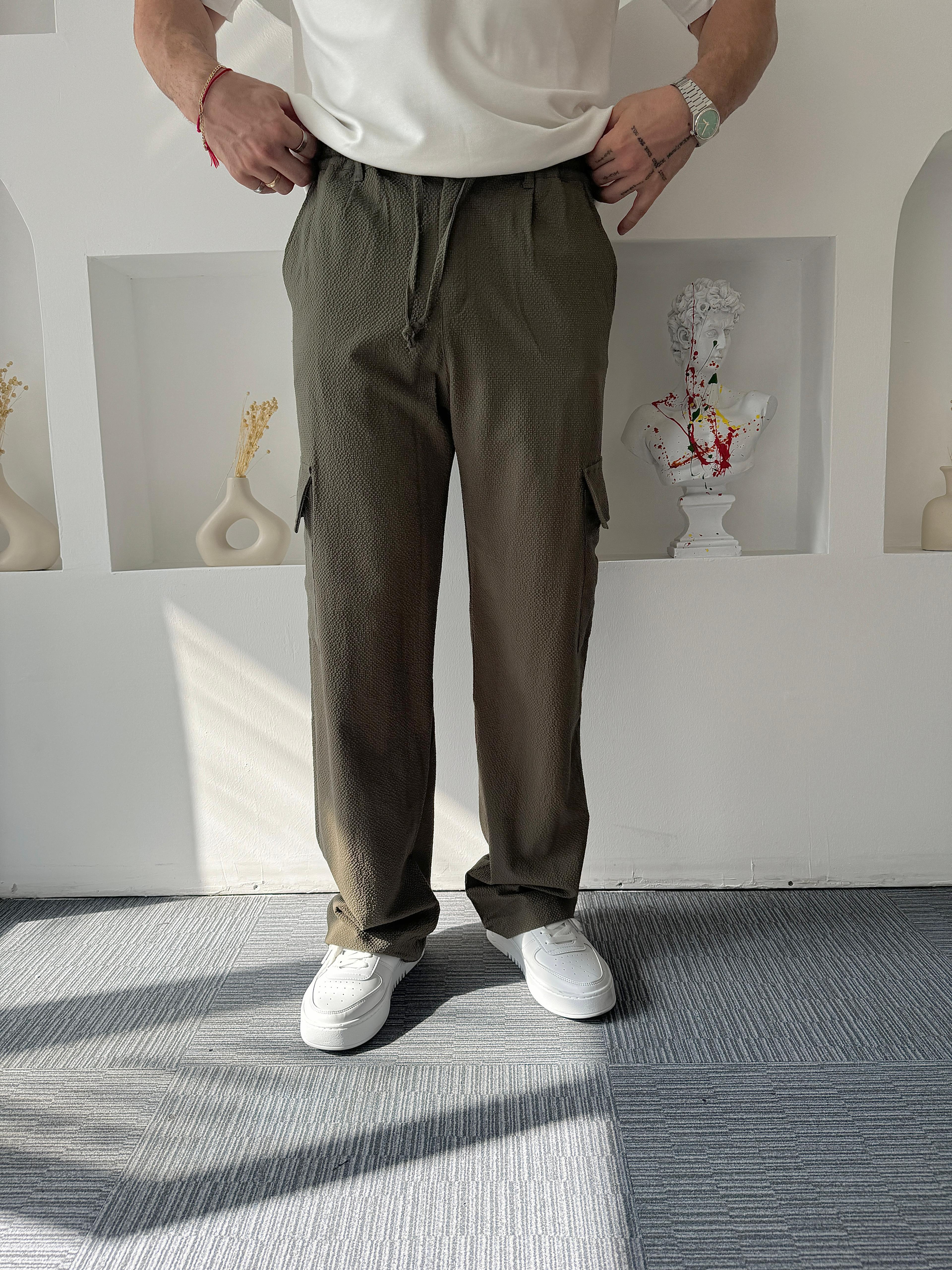 Haki Gofre Kumaş Baggy Kargo Pantolon