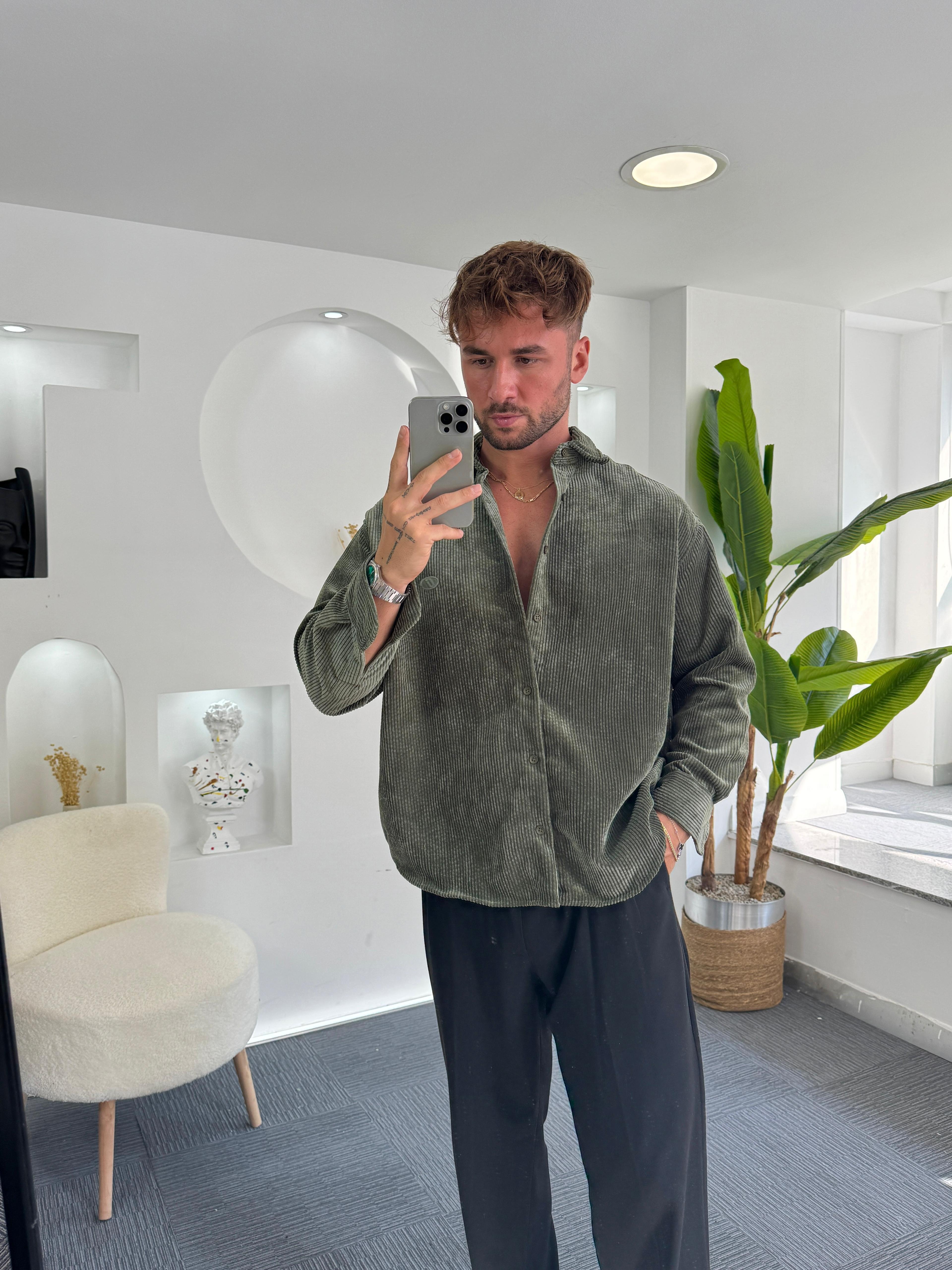 Haki Oversize GG Kadife Gömlek