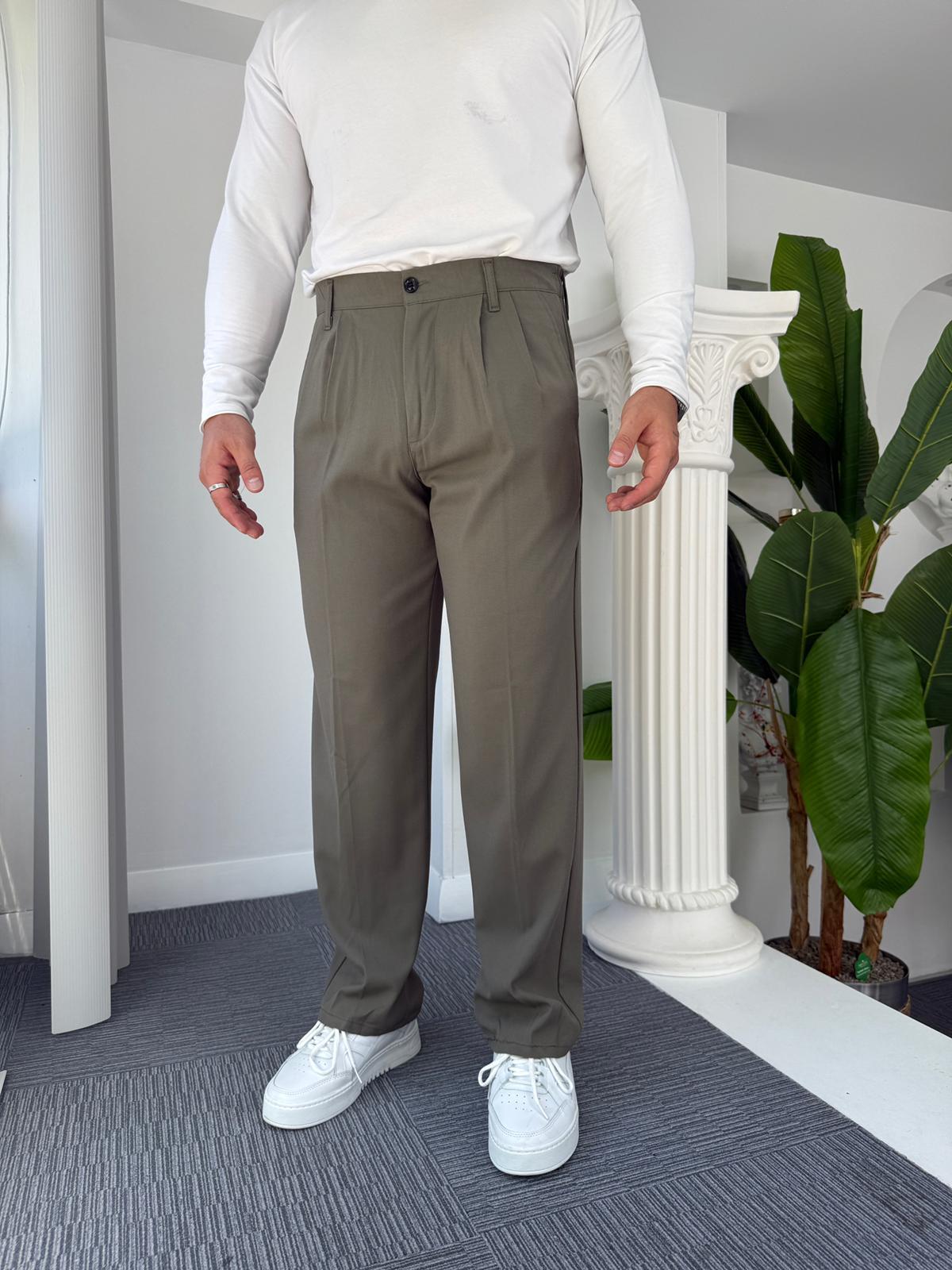 Haki Pileli Baggy Kumaş Pantolon 