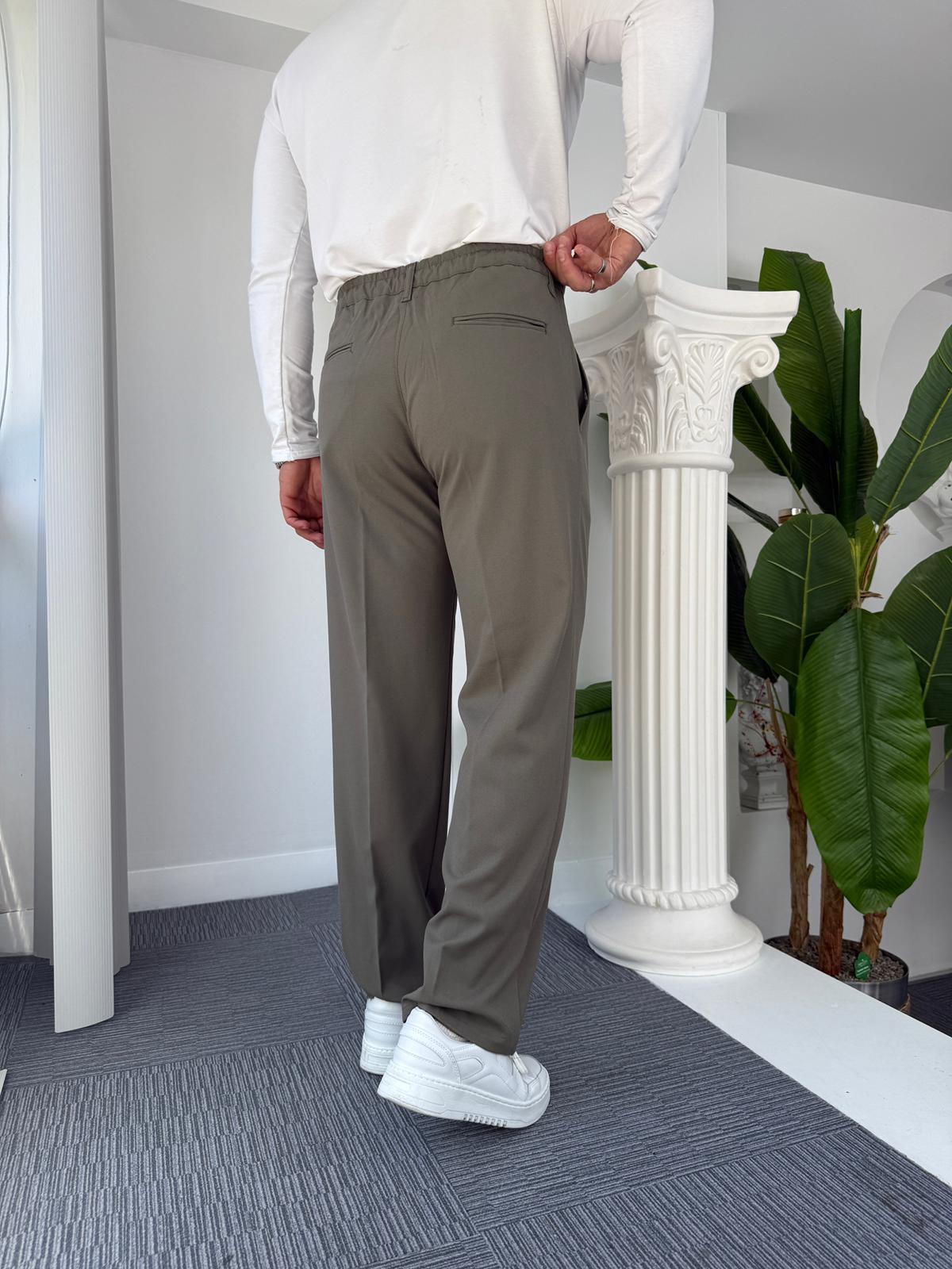 Haki Pileli Baggy Kumaş Pantolon 