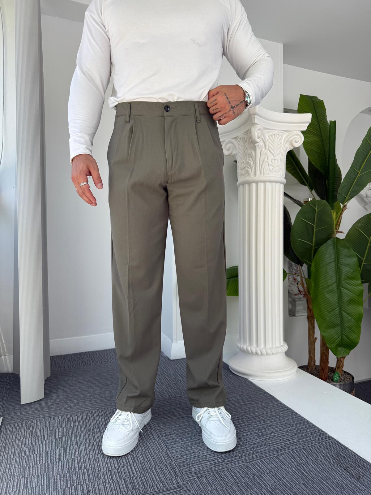 Haki Pileli Baggy Kumaş Pantolon 