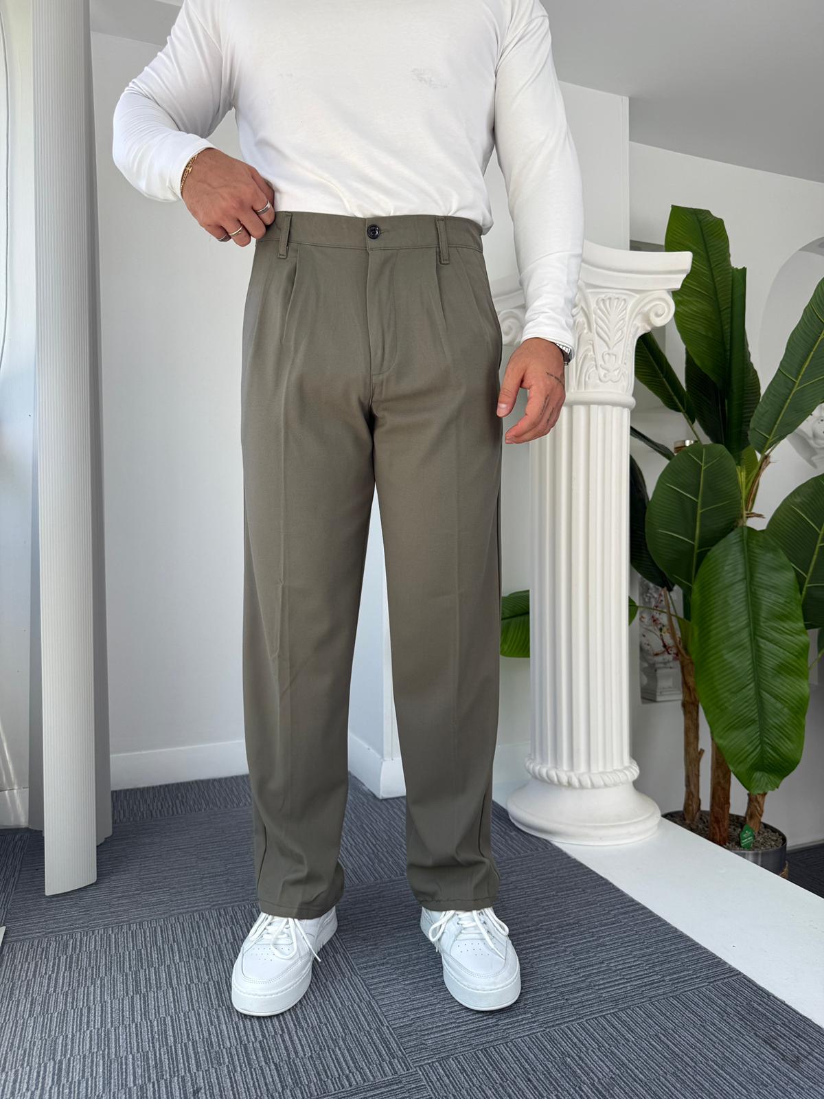 Haki Pileli Baggy Kumaş Pantolon 
