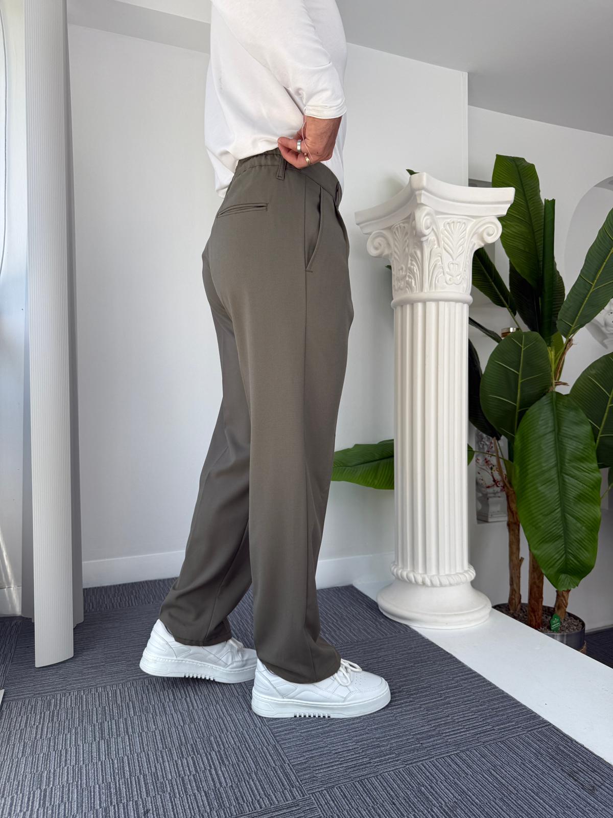 Haki Pileli Baggy Kumaş Pantolon 
