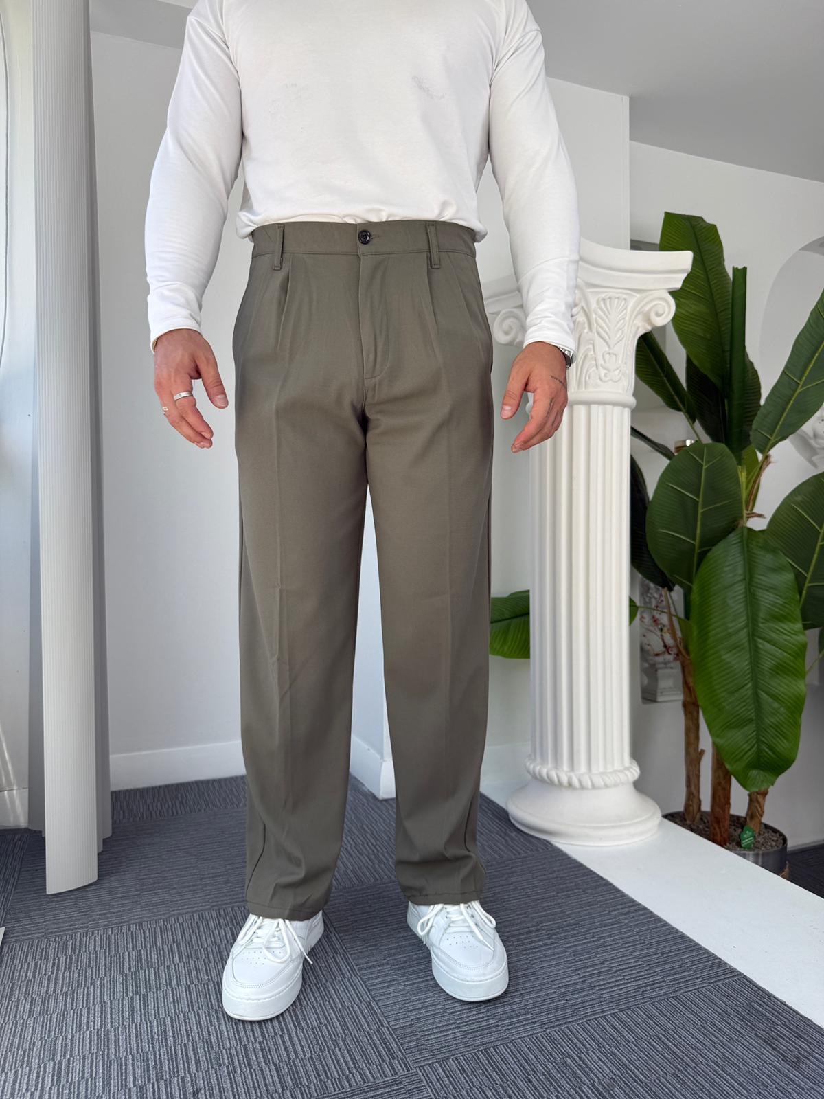 Haki Pileli Baggy Kumaş Pantolon 