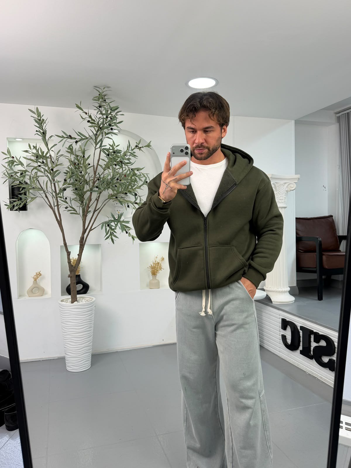 Haki RL 3iplik Şardonlu Oversize Kapüşonlu Hırka