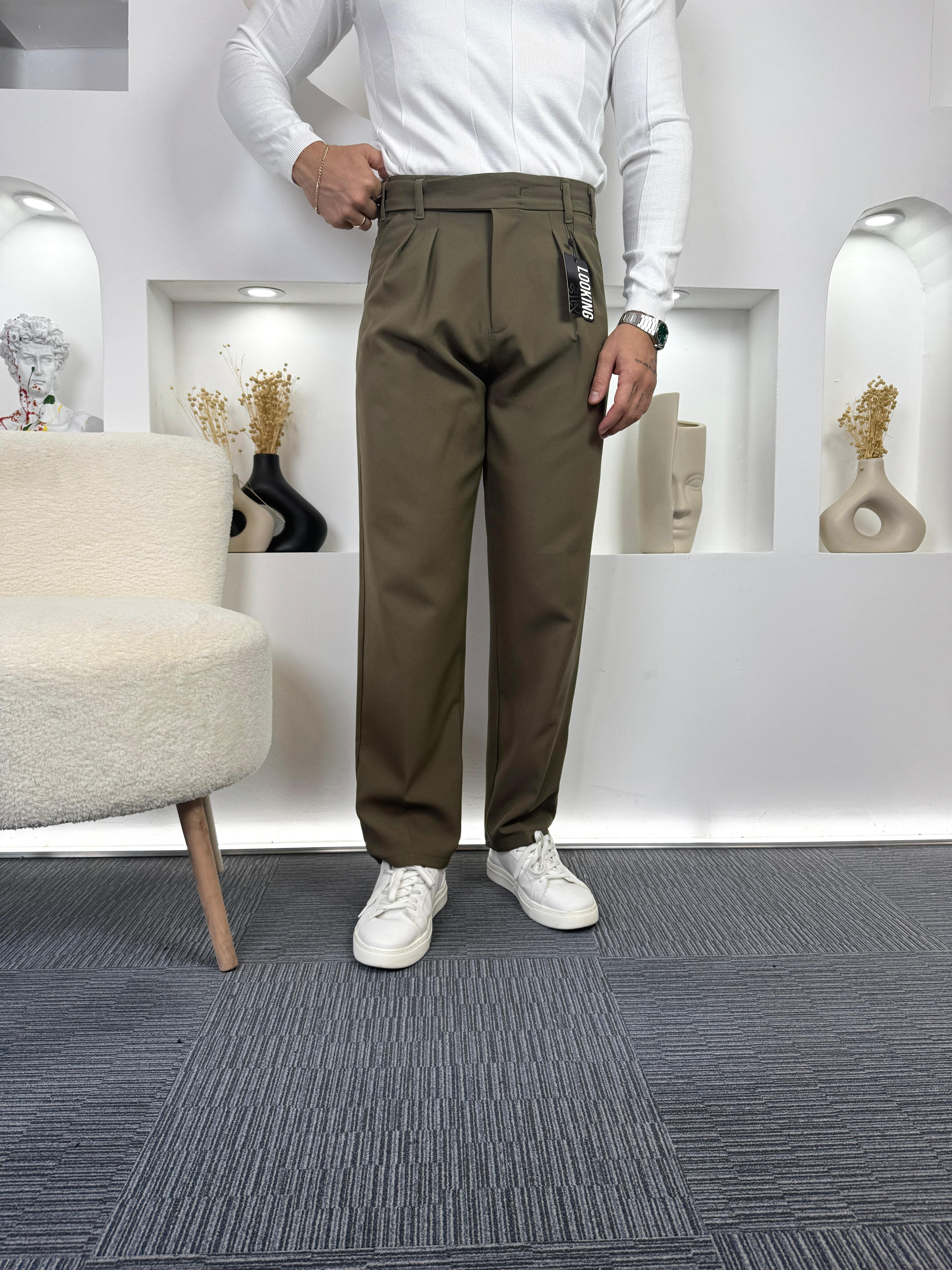Haki Uzun Kemerli Pileli Baggy Kumaş Pantolon