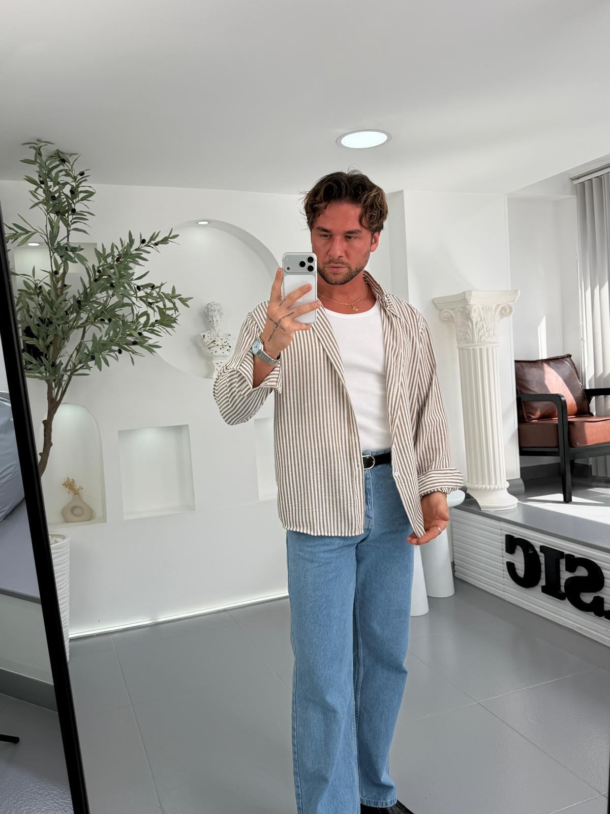 Kahve Çizgili GG Stripe Oversize Gömlek