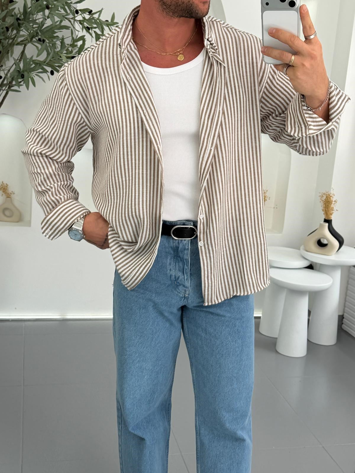 Kahve Çizgili GG Stripe Oversize Gömlek