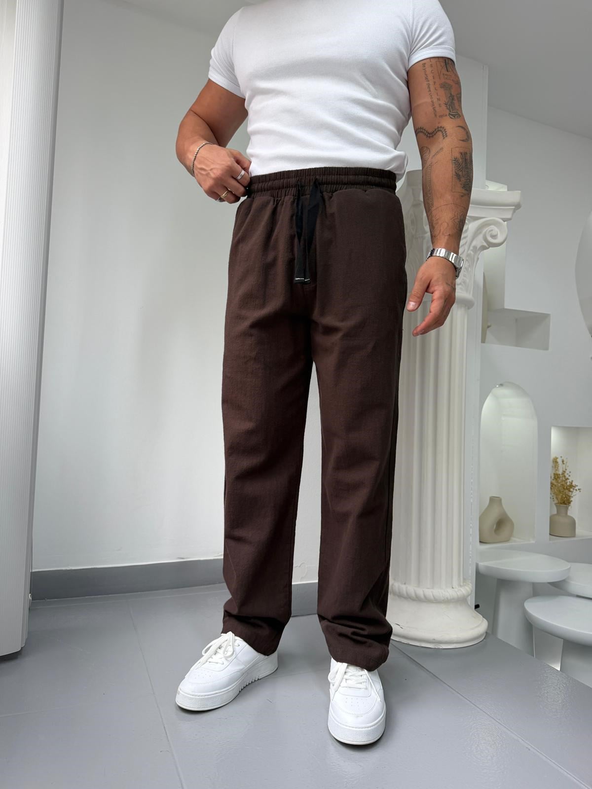 Kahve GG Basic Baggy Keten Pantolon