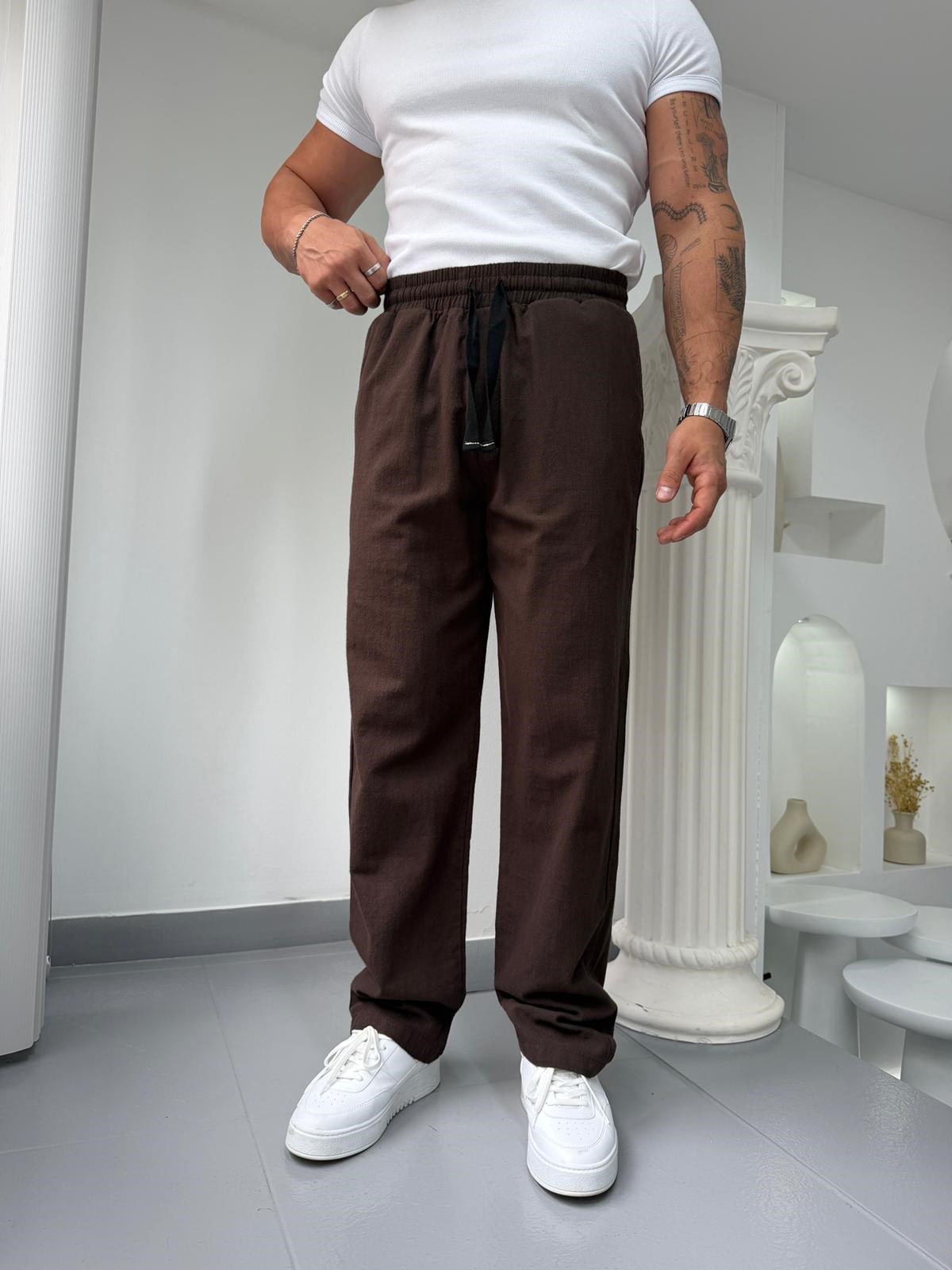Kahve GG Basic Baggy Keten Pantolon