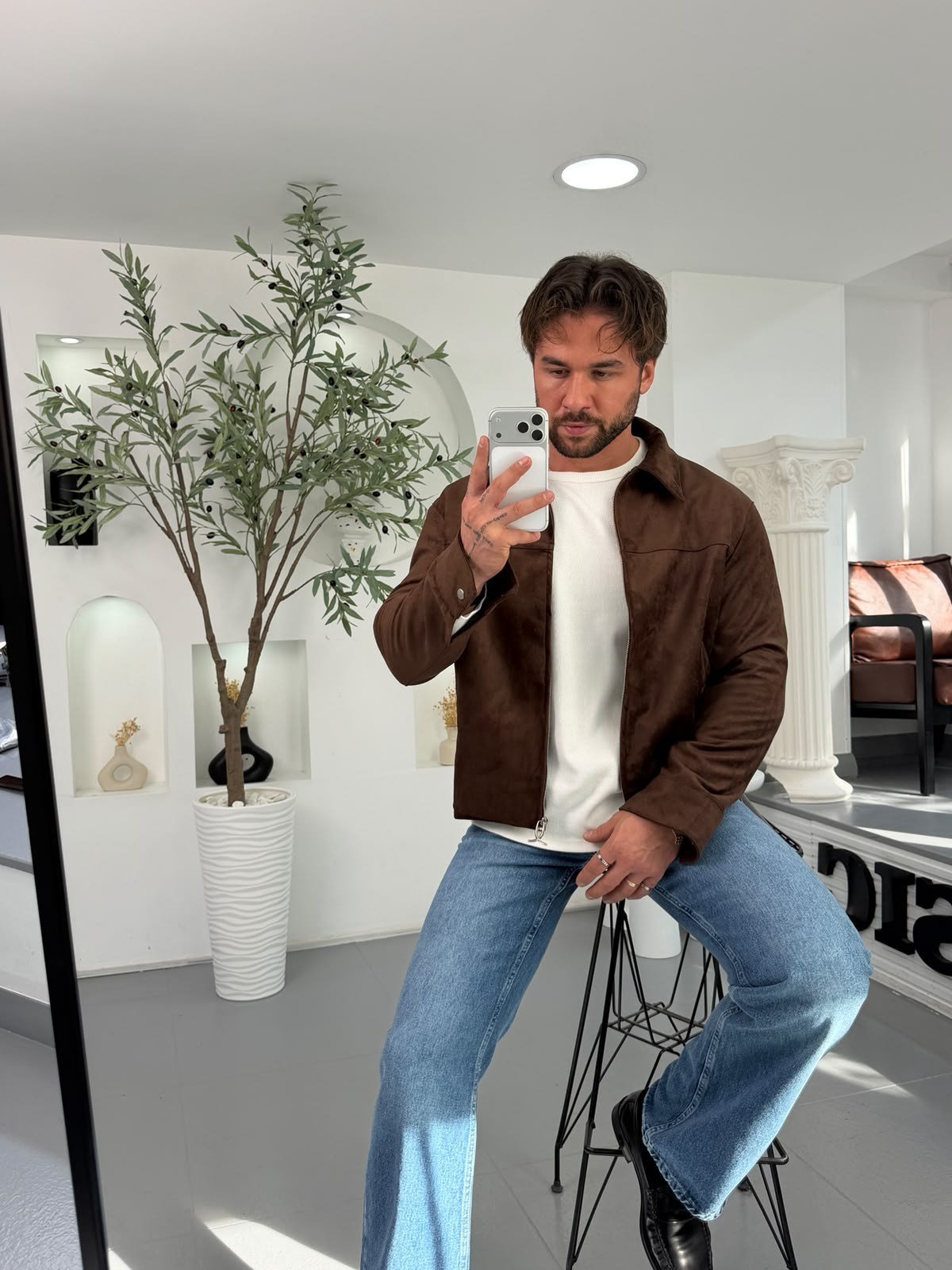 Kahve GG Boxy Fit Nubuk Süet Ceket