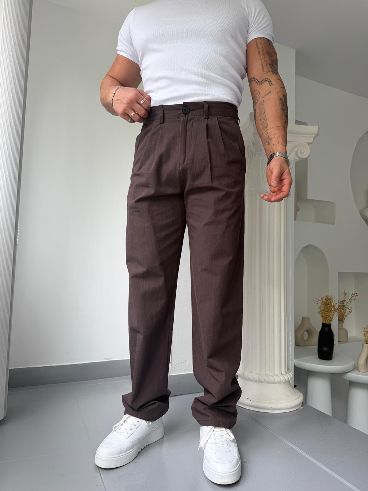 Kahve GG Cavello Düğmeli Pileli Baggy Keten Pantolon