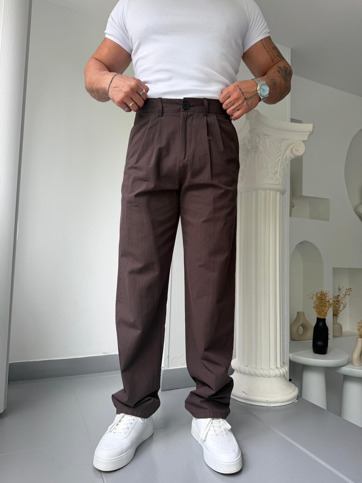 Kahve GG Cavello Düğmeli Pileli Baggy Keten Pantolon