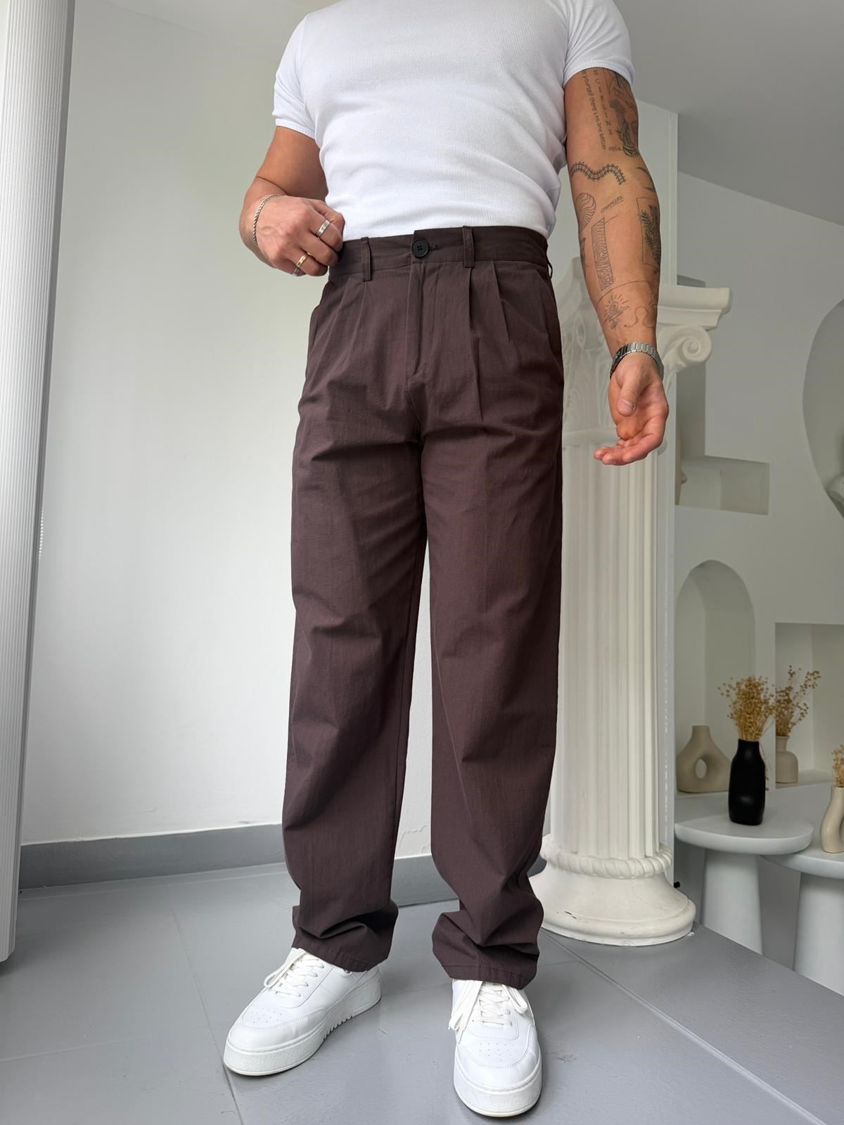 Kahve GG Cavello Düğmeli Pileli Baggy Keten Pantolon