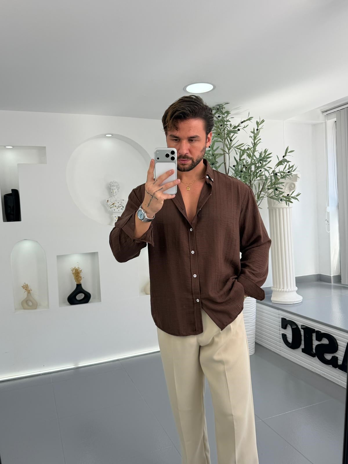 Kahve GG Çizgili Gobiş Keten Oversize Keten Gömlek