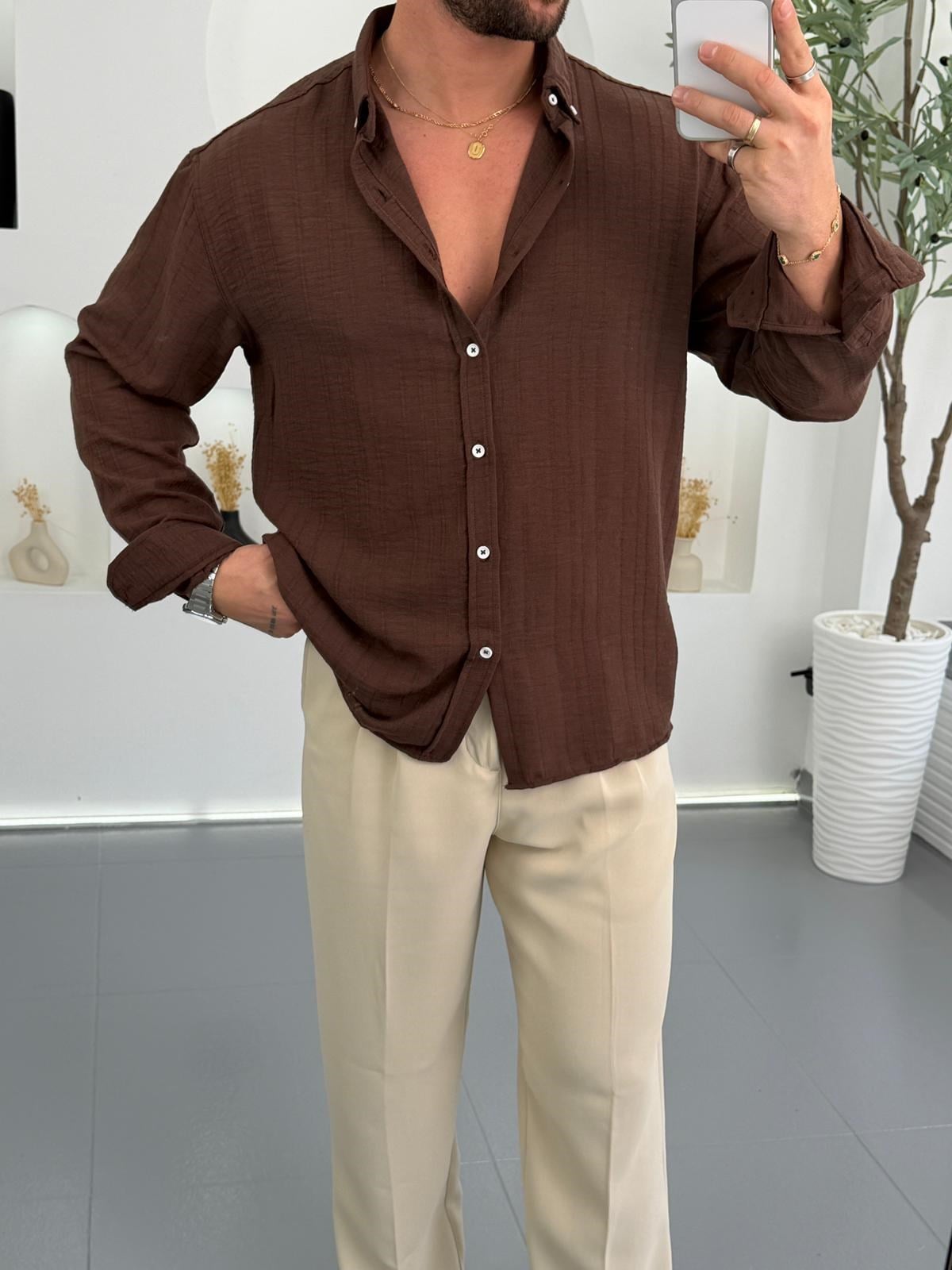 Kahve GG Çizgili Gobiş Keten Oversize Keten Gömlek