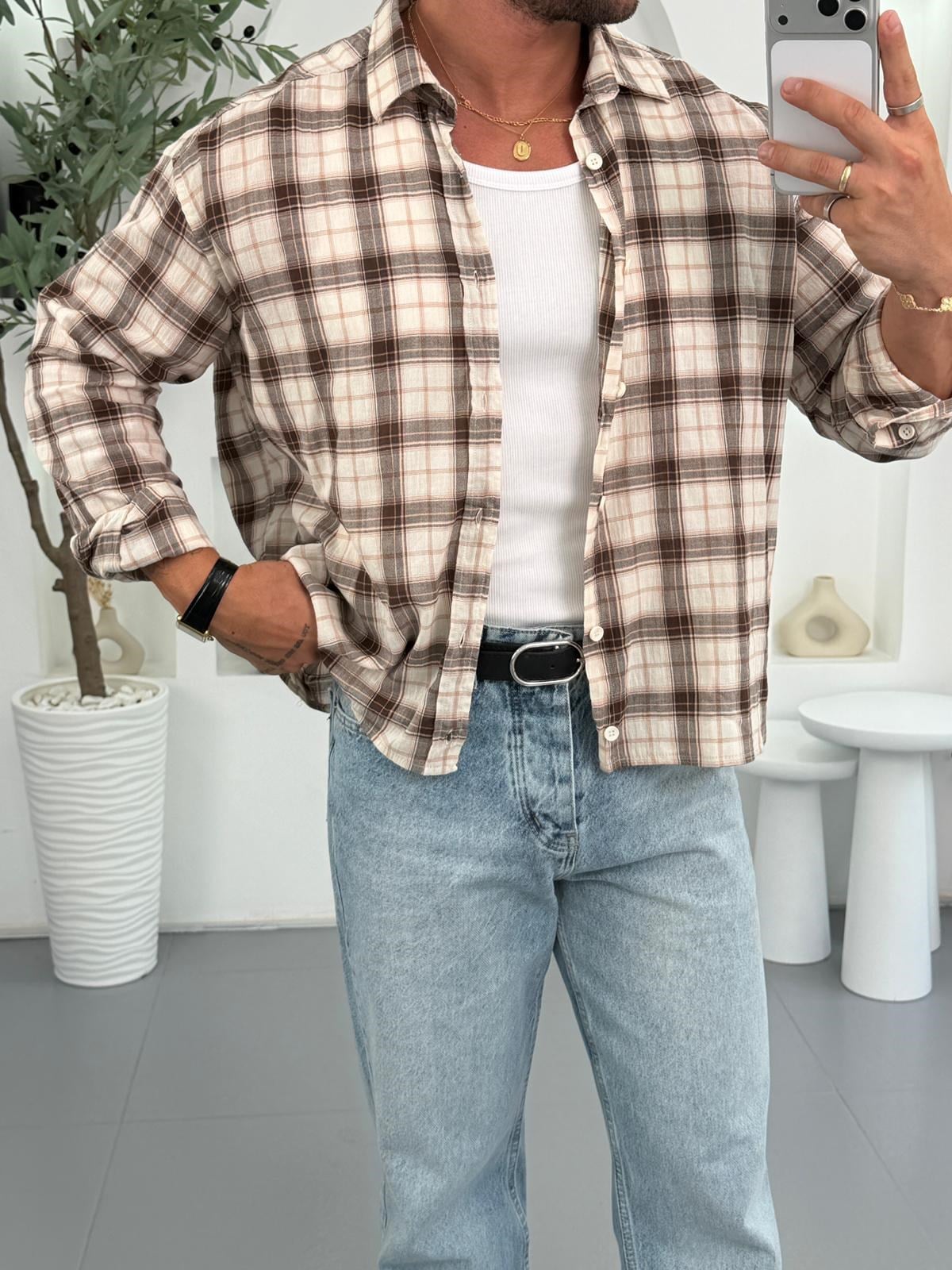 Kahve GG Ekose Crop Fit Gömlek Gömlek