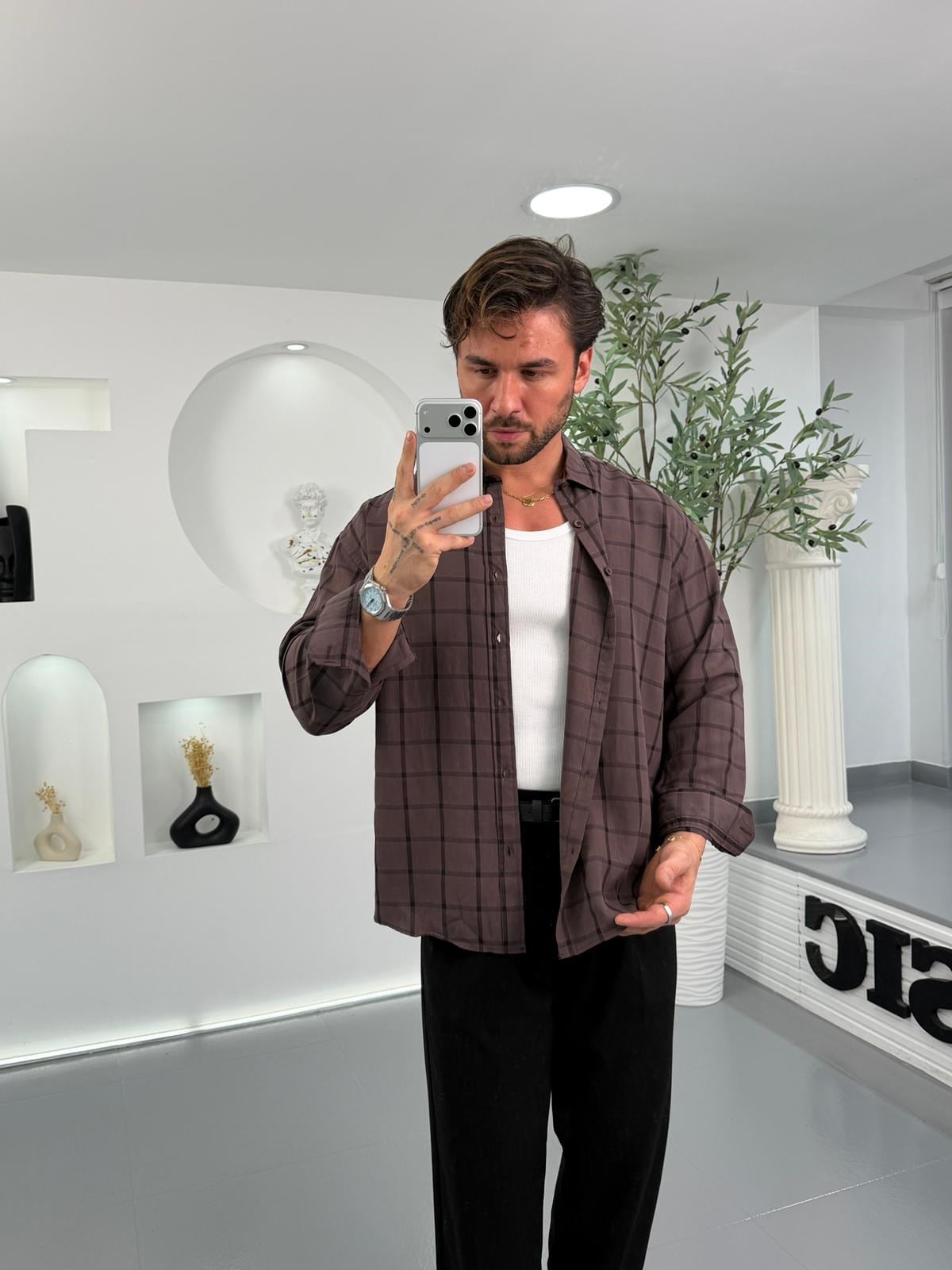 Kahve GG Ekose Desen Oversize Gömlek