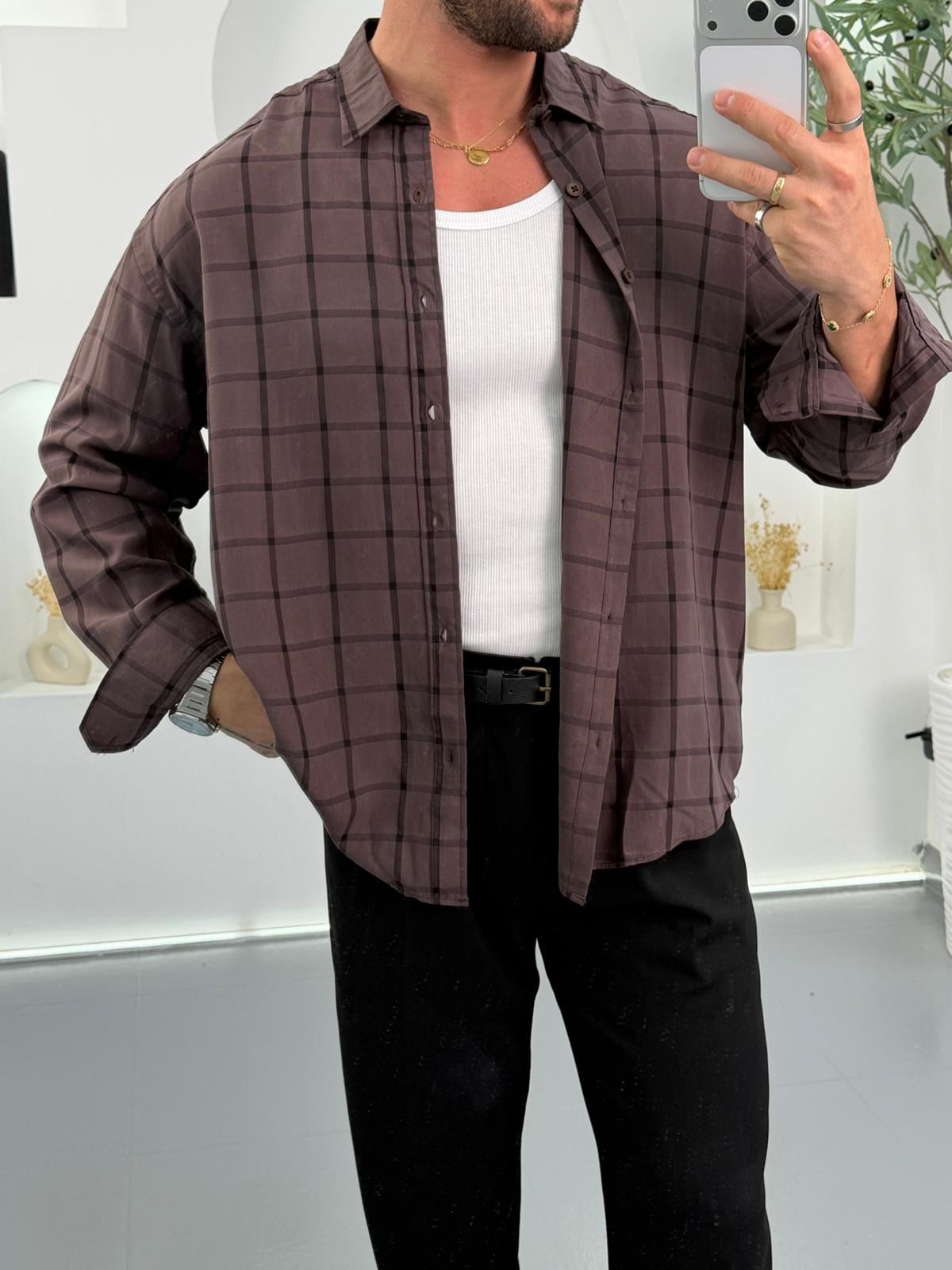 Kahve GG Ekose Desen Oversize Gömlek