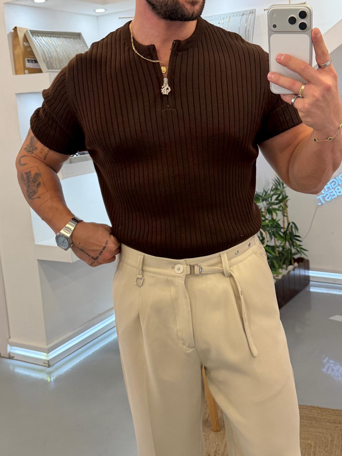 Kahve GG Fitilli Fermuarlı Triko
