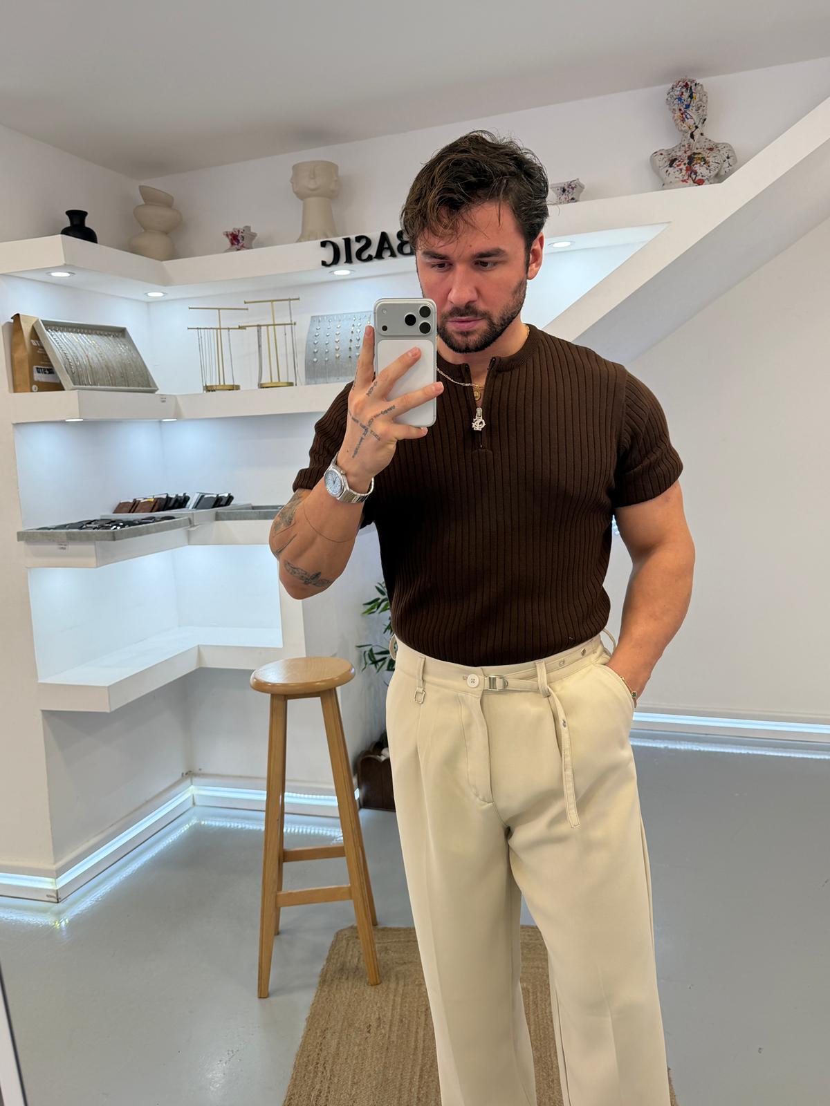 Kahve GG Fitilli Fermuarlı Triko