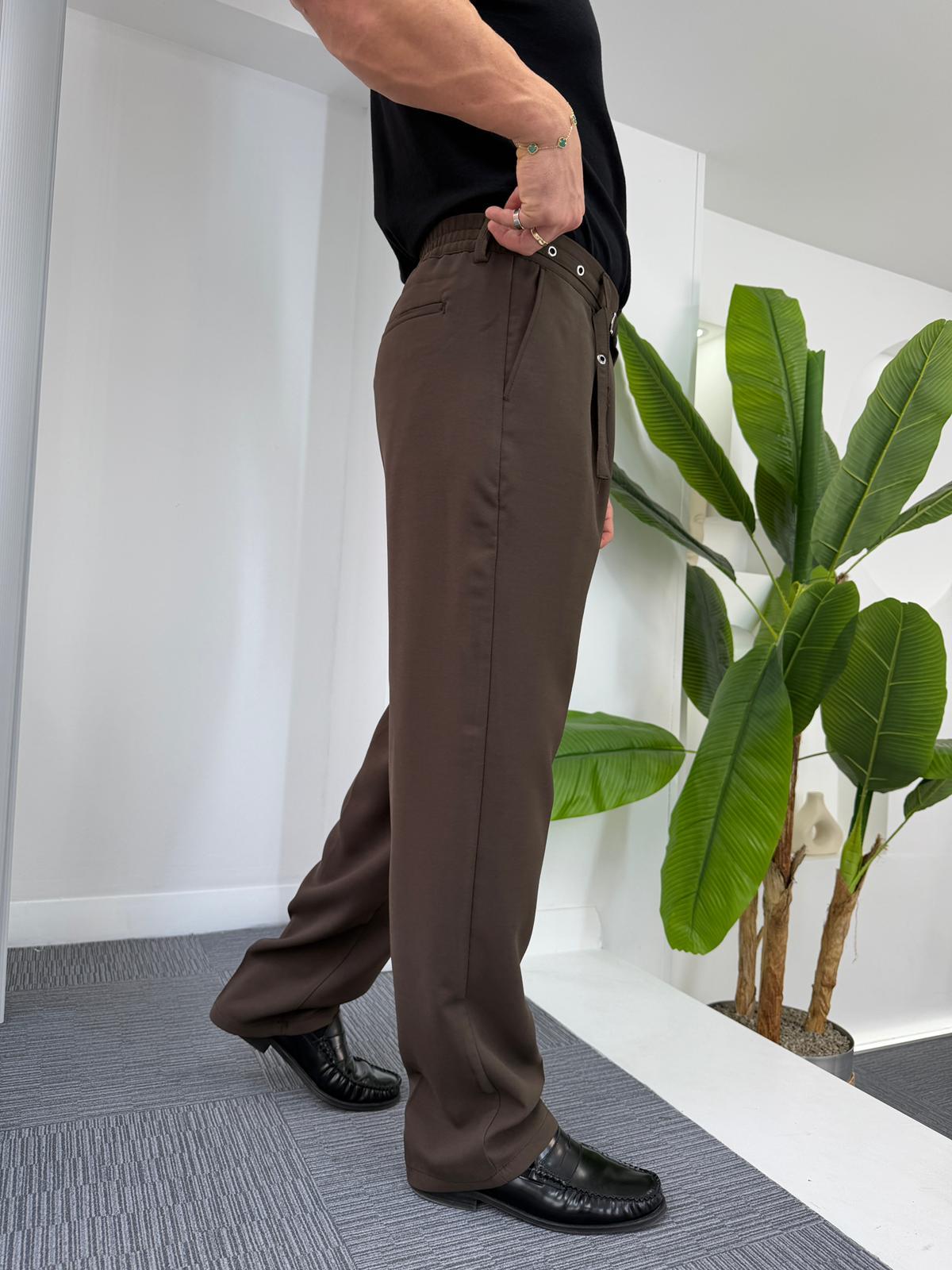 Kahve GG Kemerli Linda Baggy Kumaş Pantolon