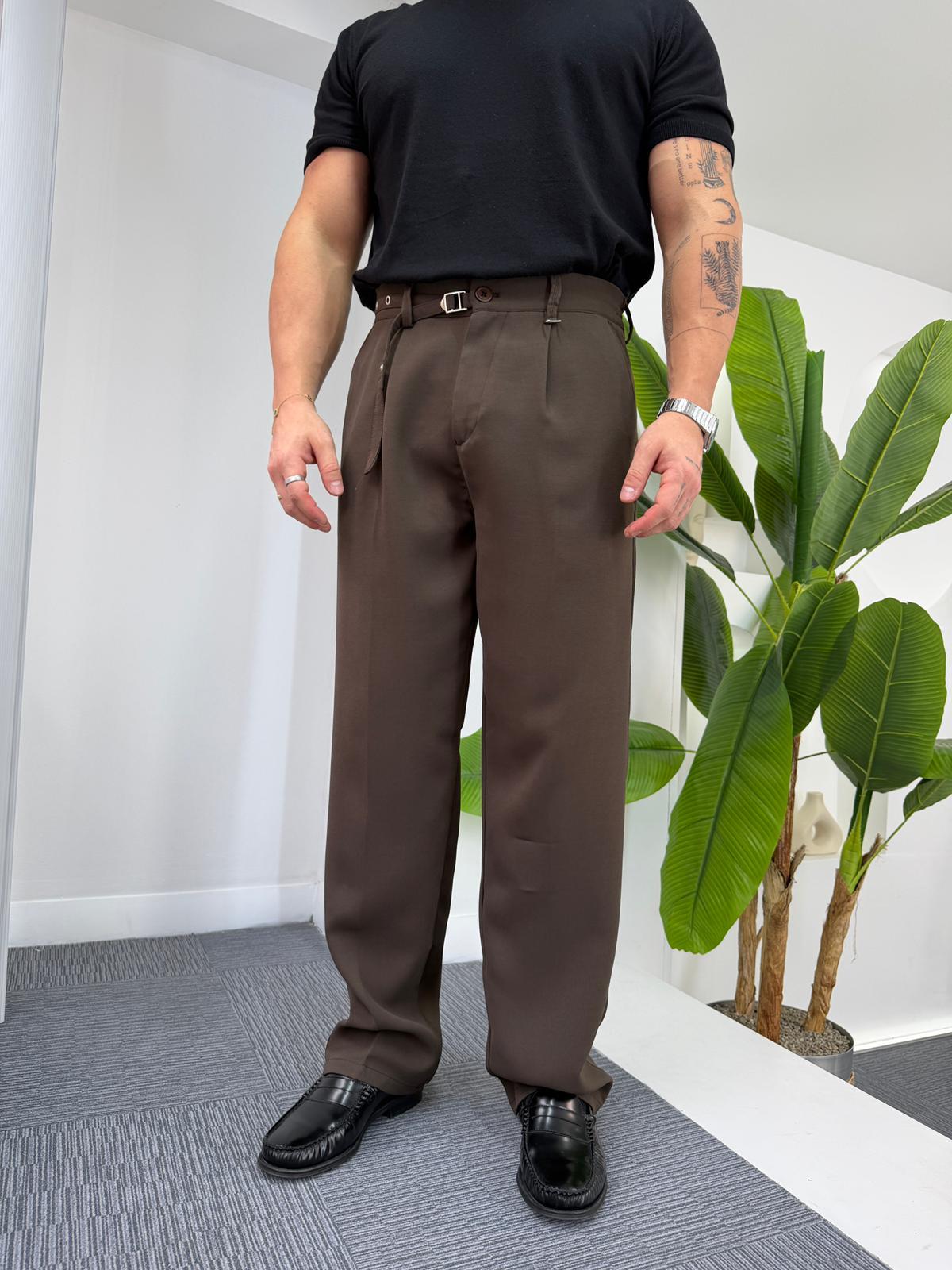 Kahve GG Kemerli Linda Baggy Kumaş Pantolon
