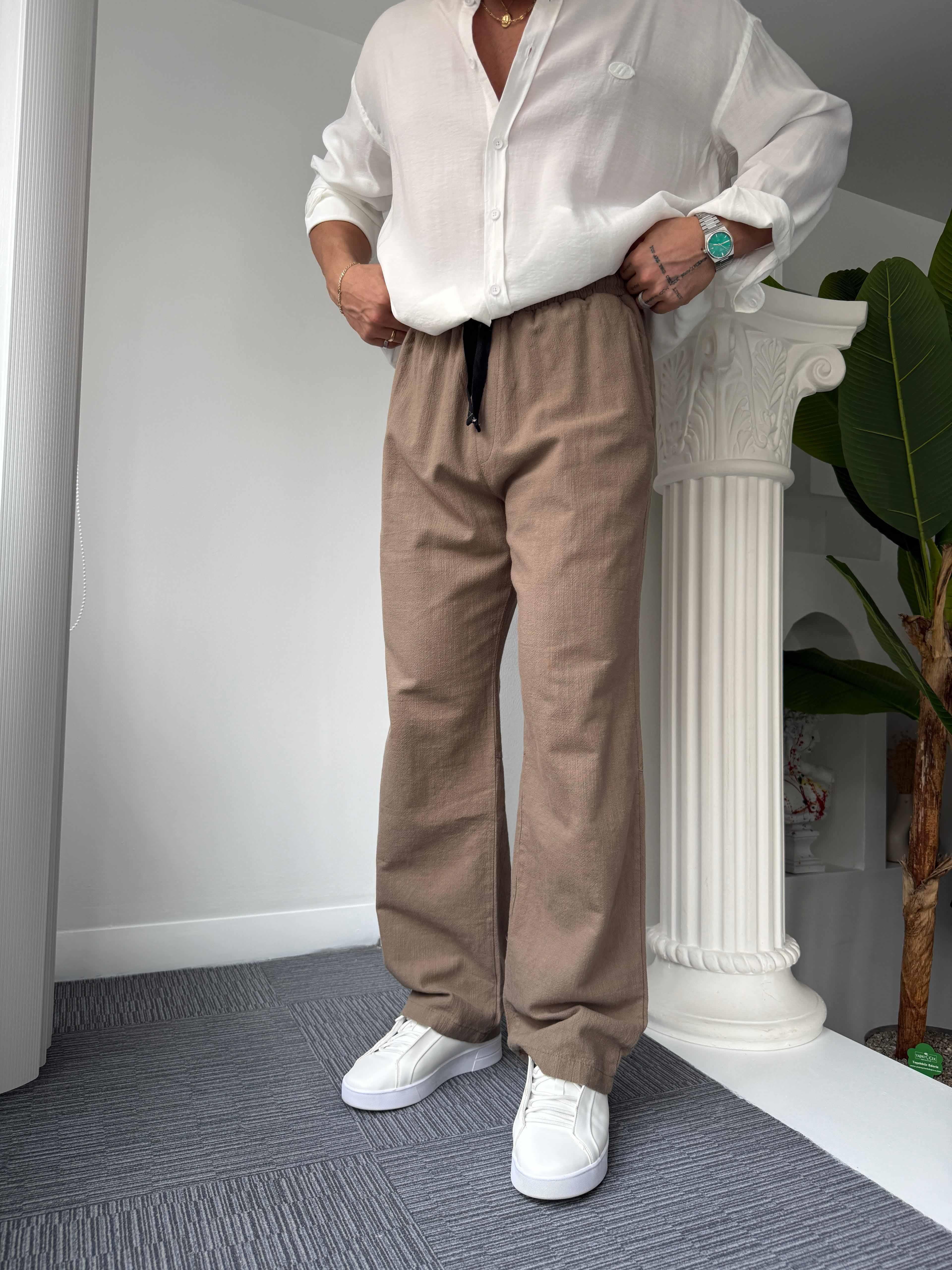 Kahve GG Nakışlı Linen Keten Pantolon