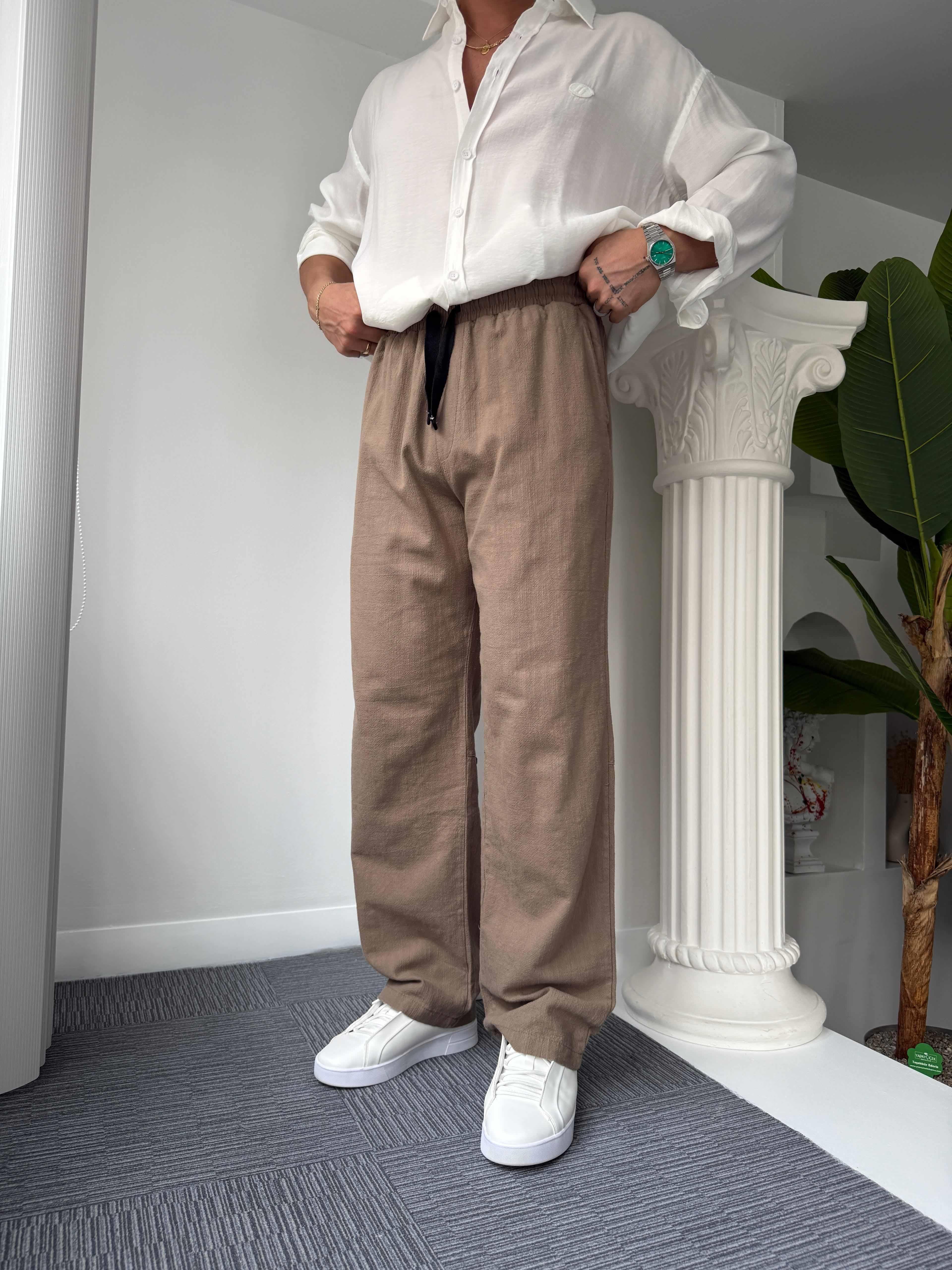 Kahve GG Nakışlı Linen Keten Pantolon