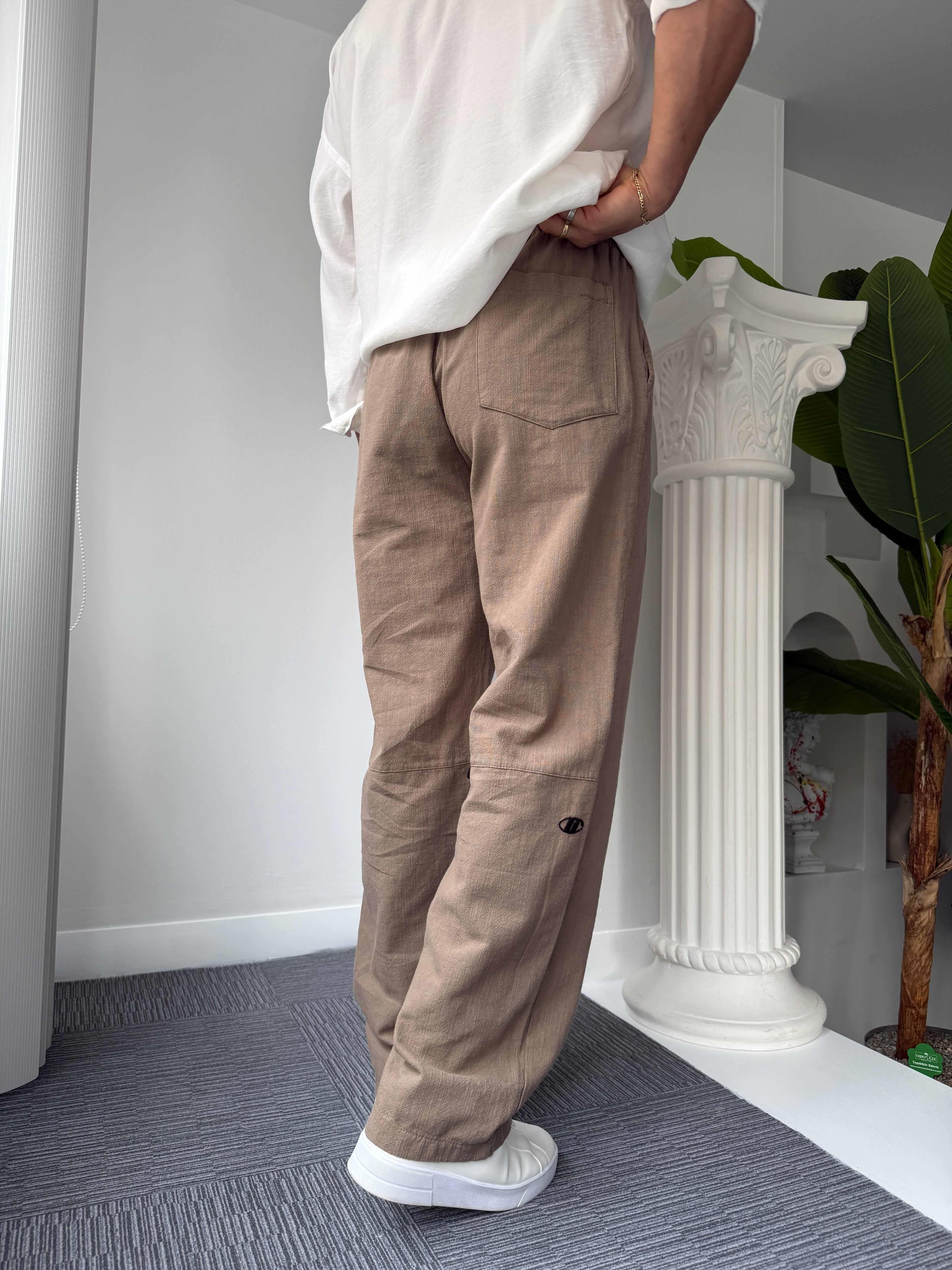 Kahve GG Nakışlı Linen Keten Pantolon