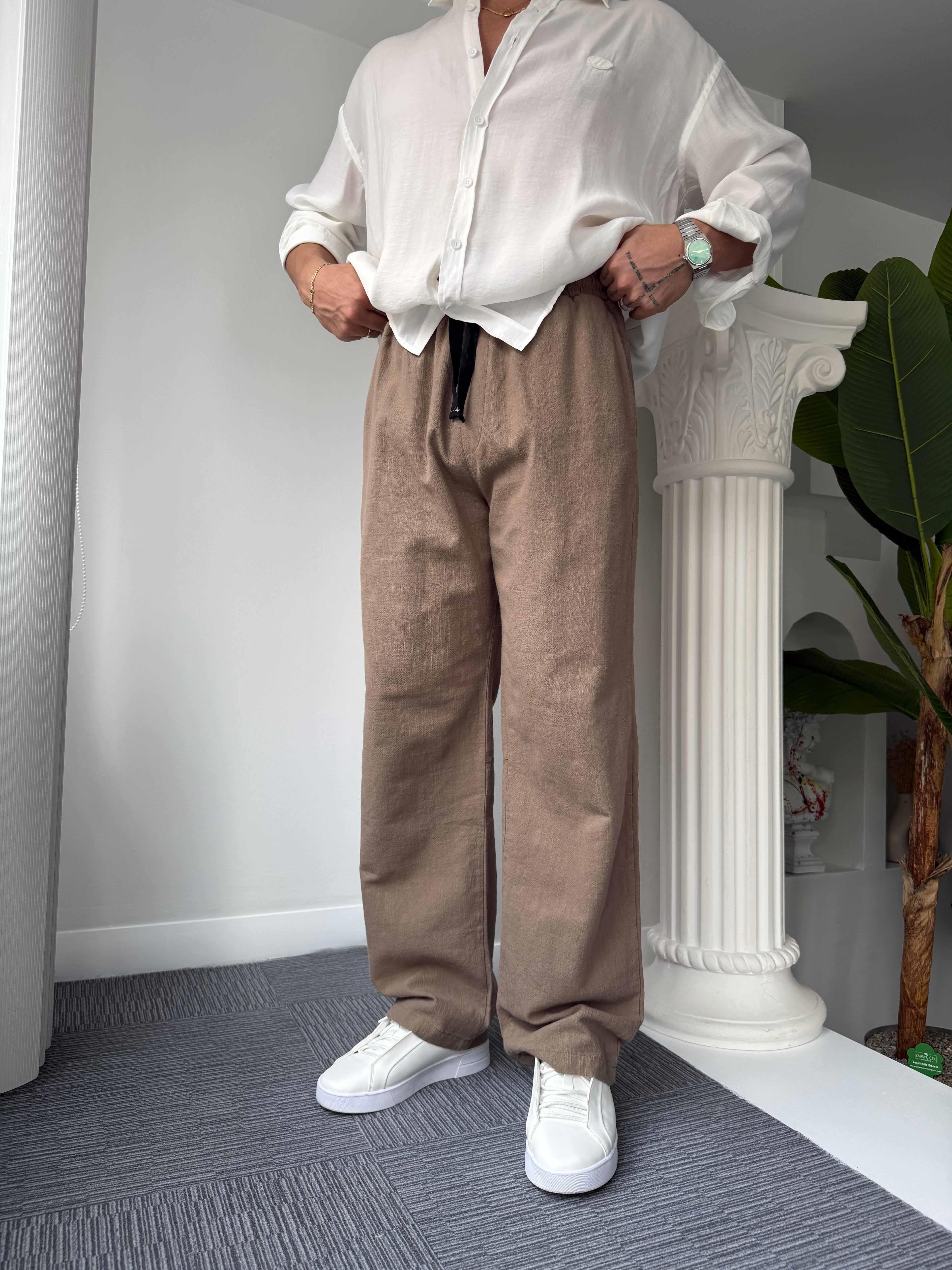 Kahve GG Nakışlı Linen Keten Pantolon