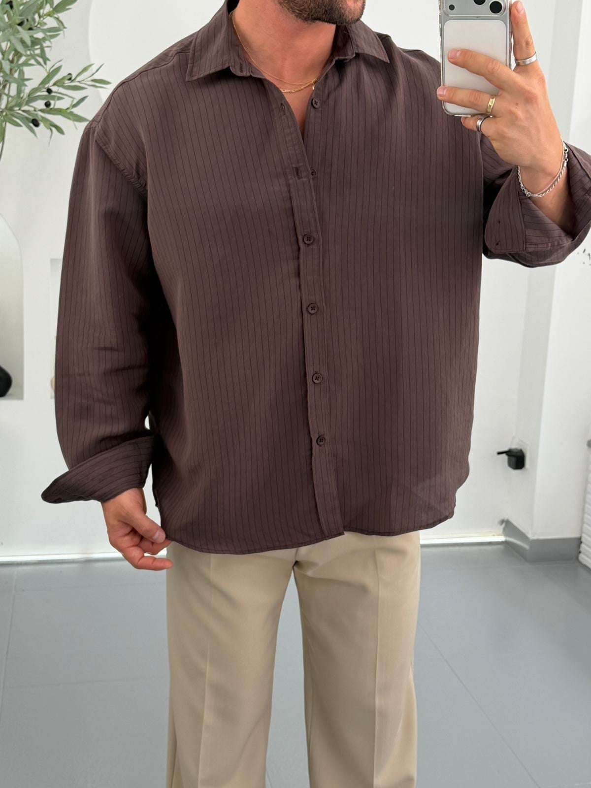 Kahve GG Oversize Dikey Çizgili Modal Gömlek