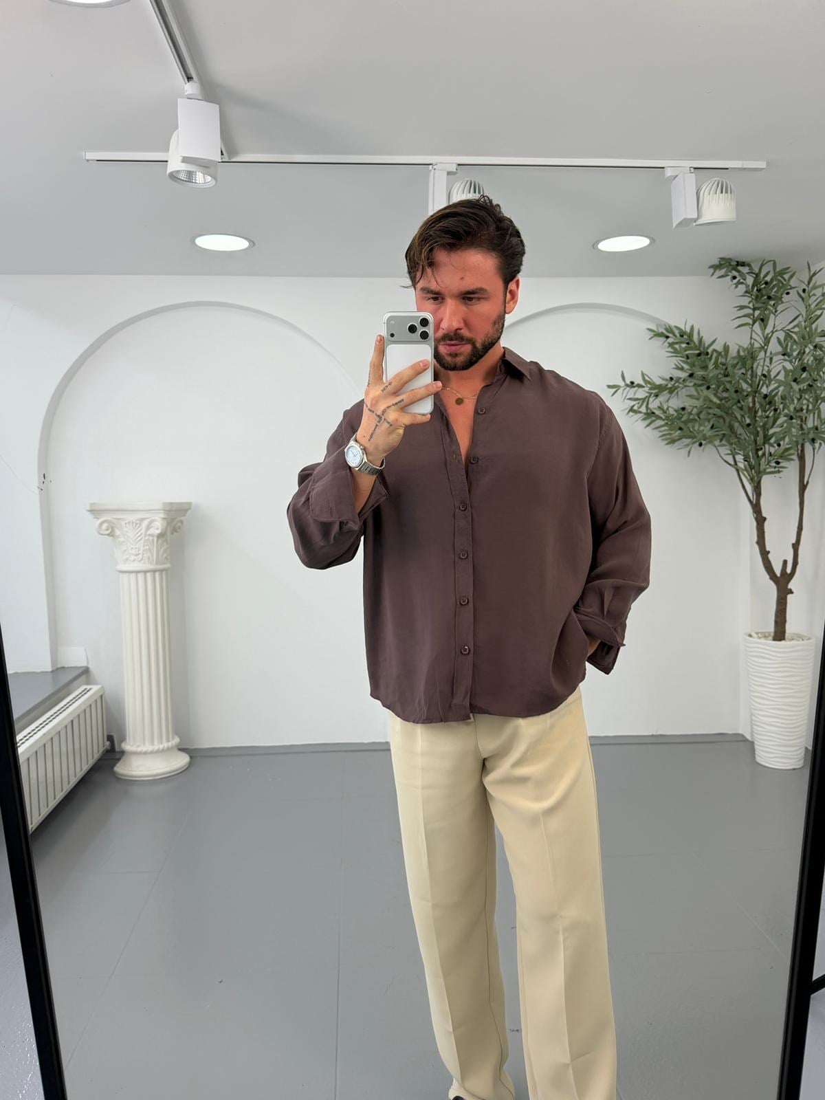 Kahve GG Oversize Modal Gömlek