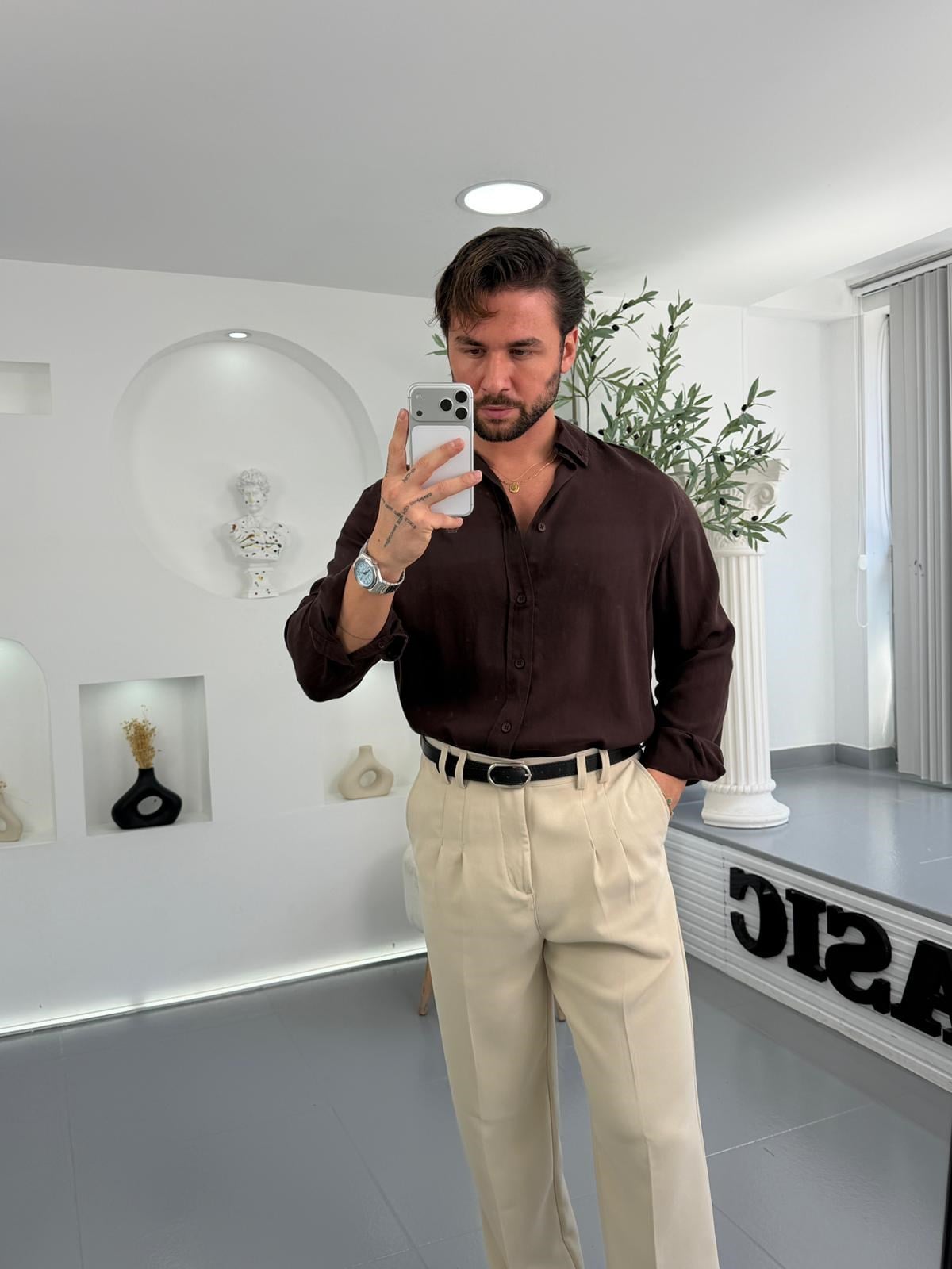 Kahve GG Regular Kalıp Basic Tensel Gömlek