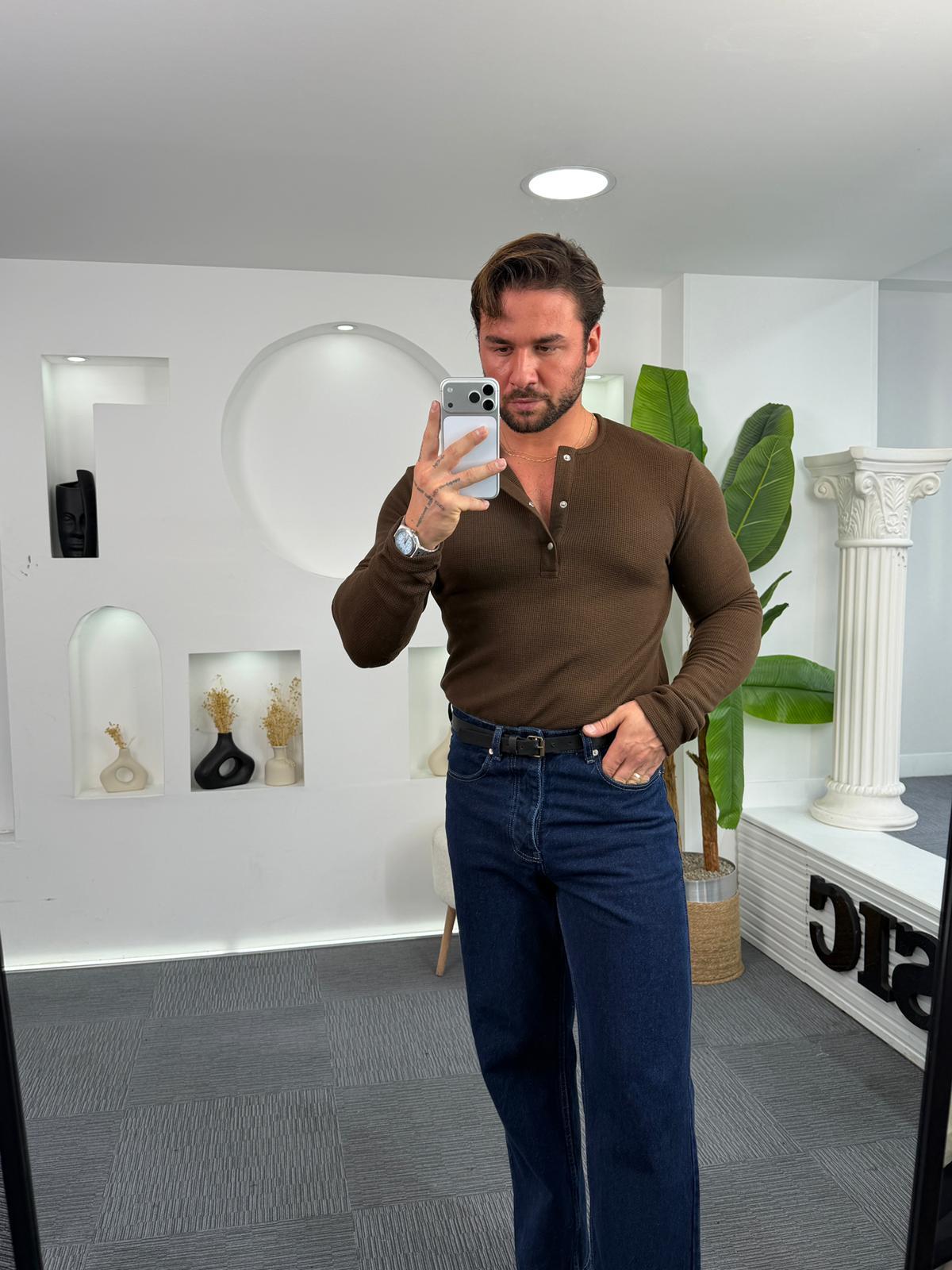 Kahve GG Waffle Kumaş Düğmeli Sweat