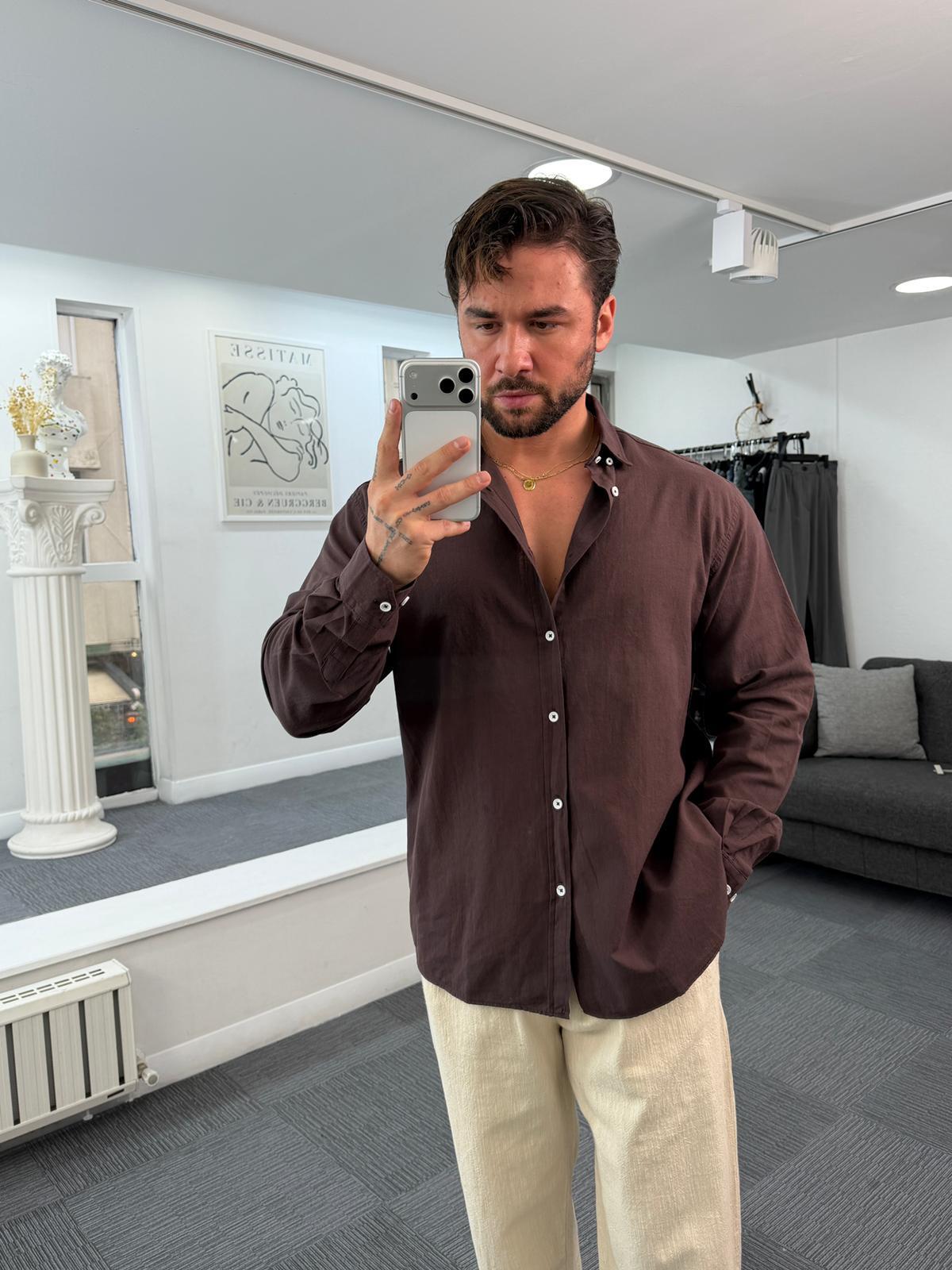 Kahve Giesto Oversize Fresh Keten Gömlek