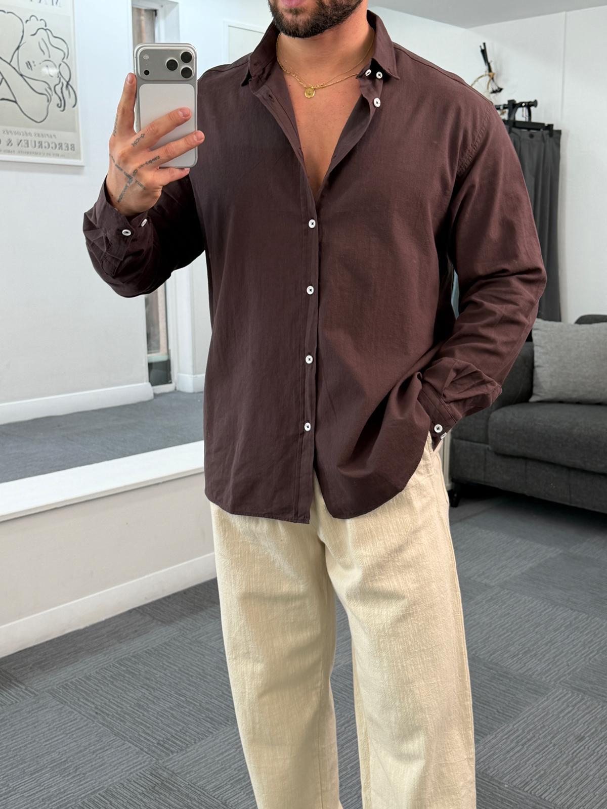 Kahve Giesto Oversize Fresh Keten Gömlek