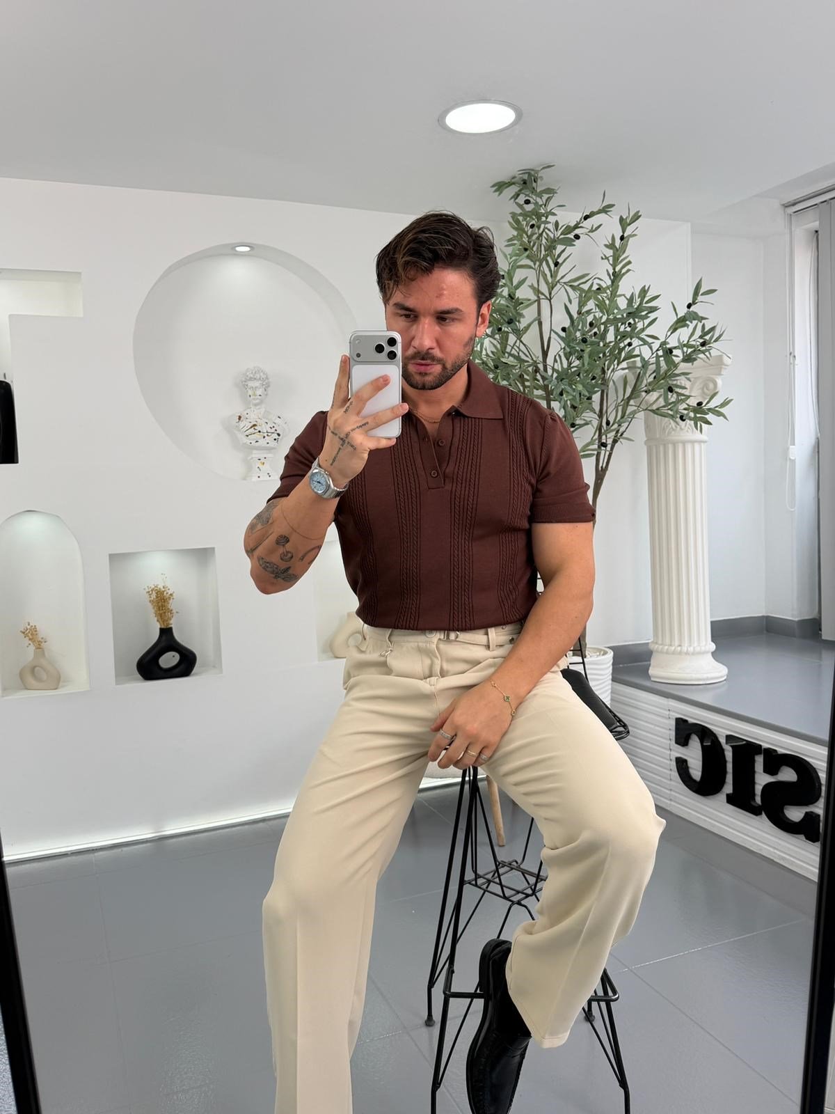 Kahve RL İnce Dokulu Düğmeli Polo Yaka Triko