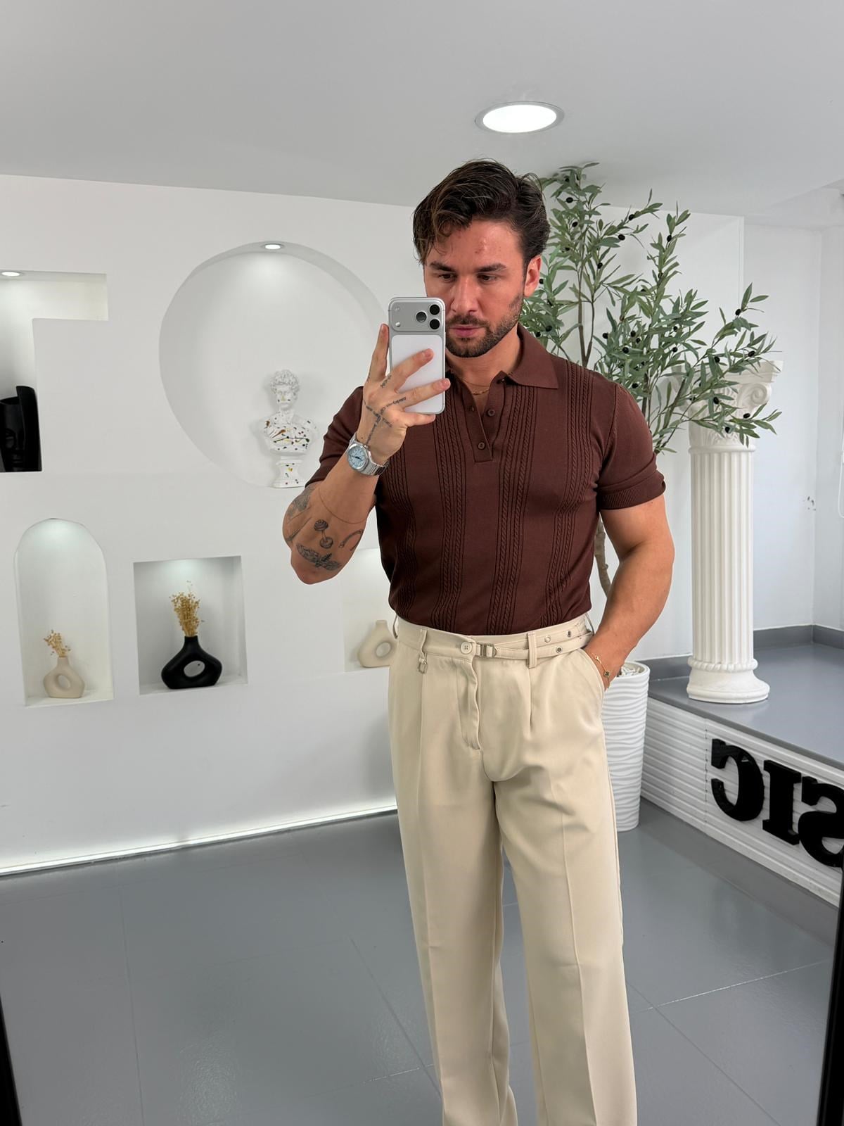 Kahve RL İnce Dokulu Düğmeli Polo Yaka Triko