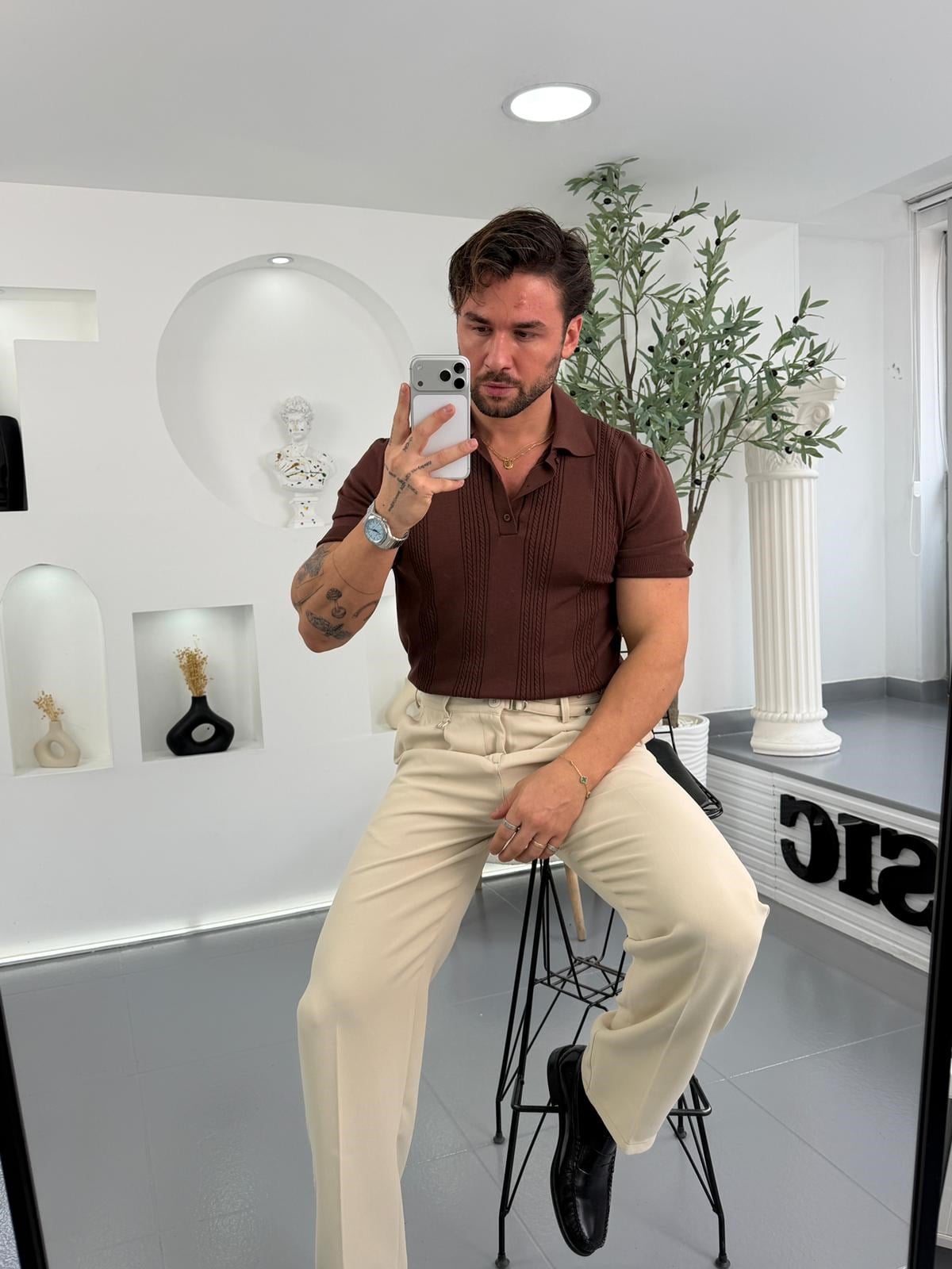 Kahve RL İnce Dokulu Düğmeli Polo Yaka Triko