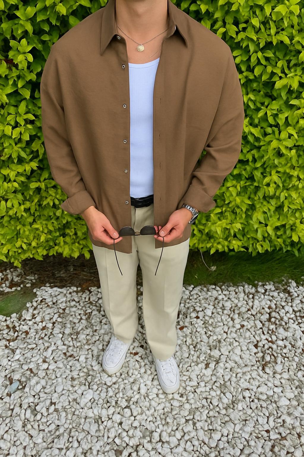 Kahve Tensel Kumaş Oversize Gömlek
