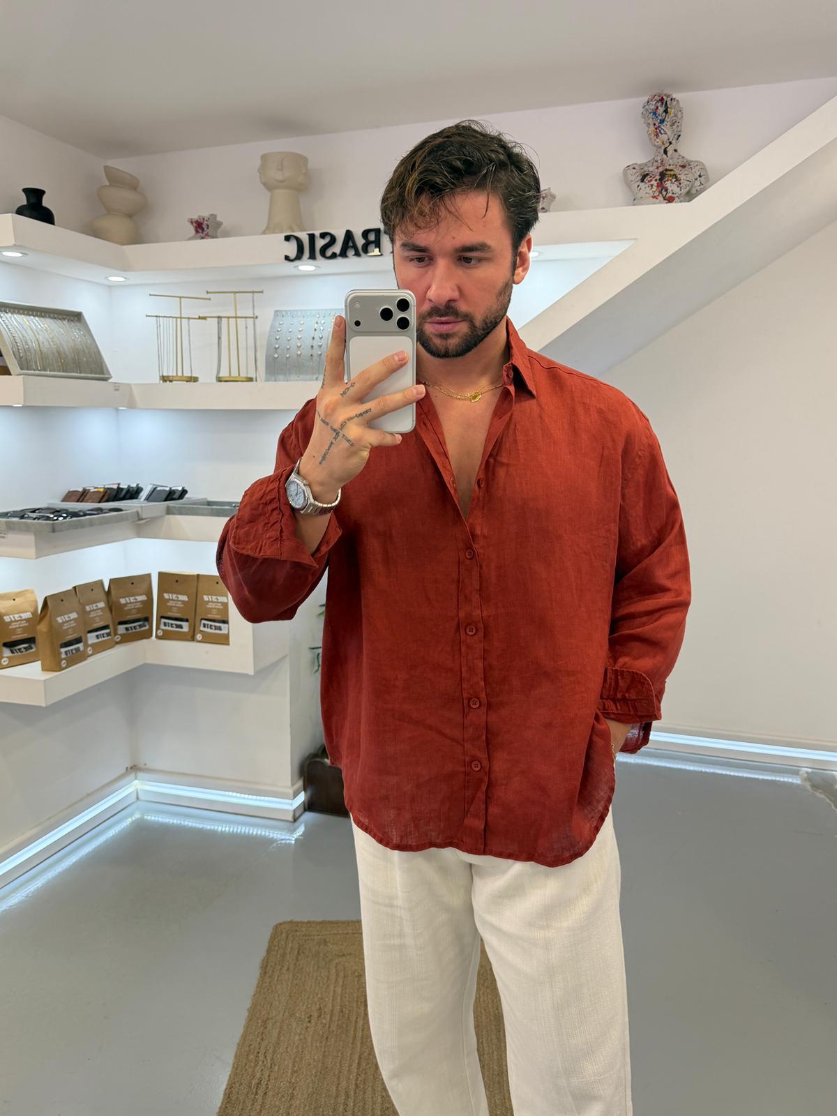Kiremit GG %100 Linen Oversize Premium Gömlek