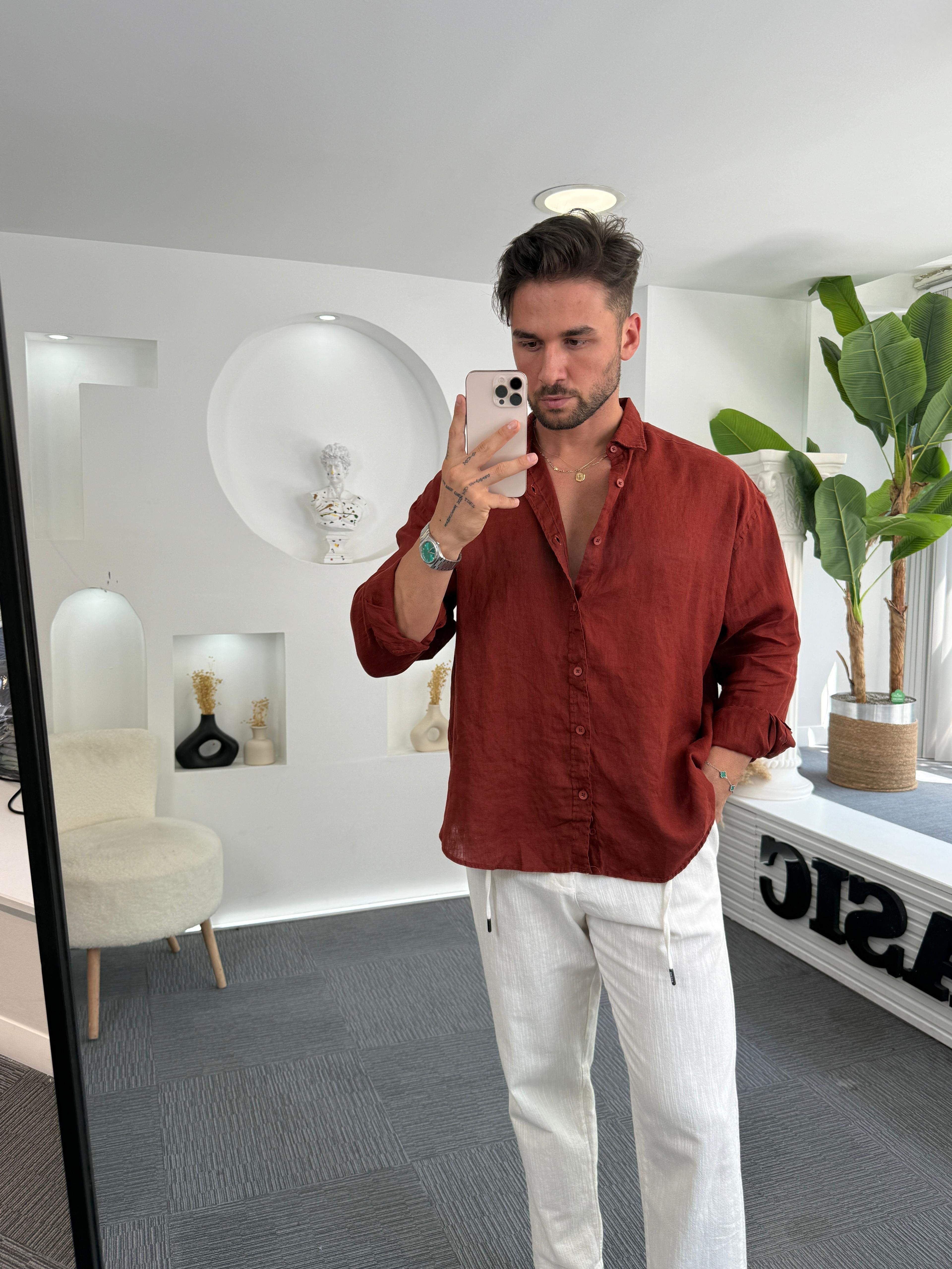 Kırmızı %100 Linen Oversize GG Gömlek