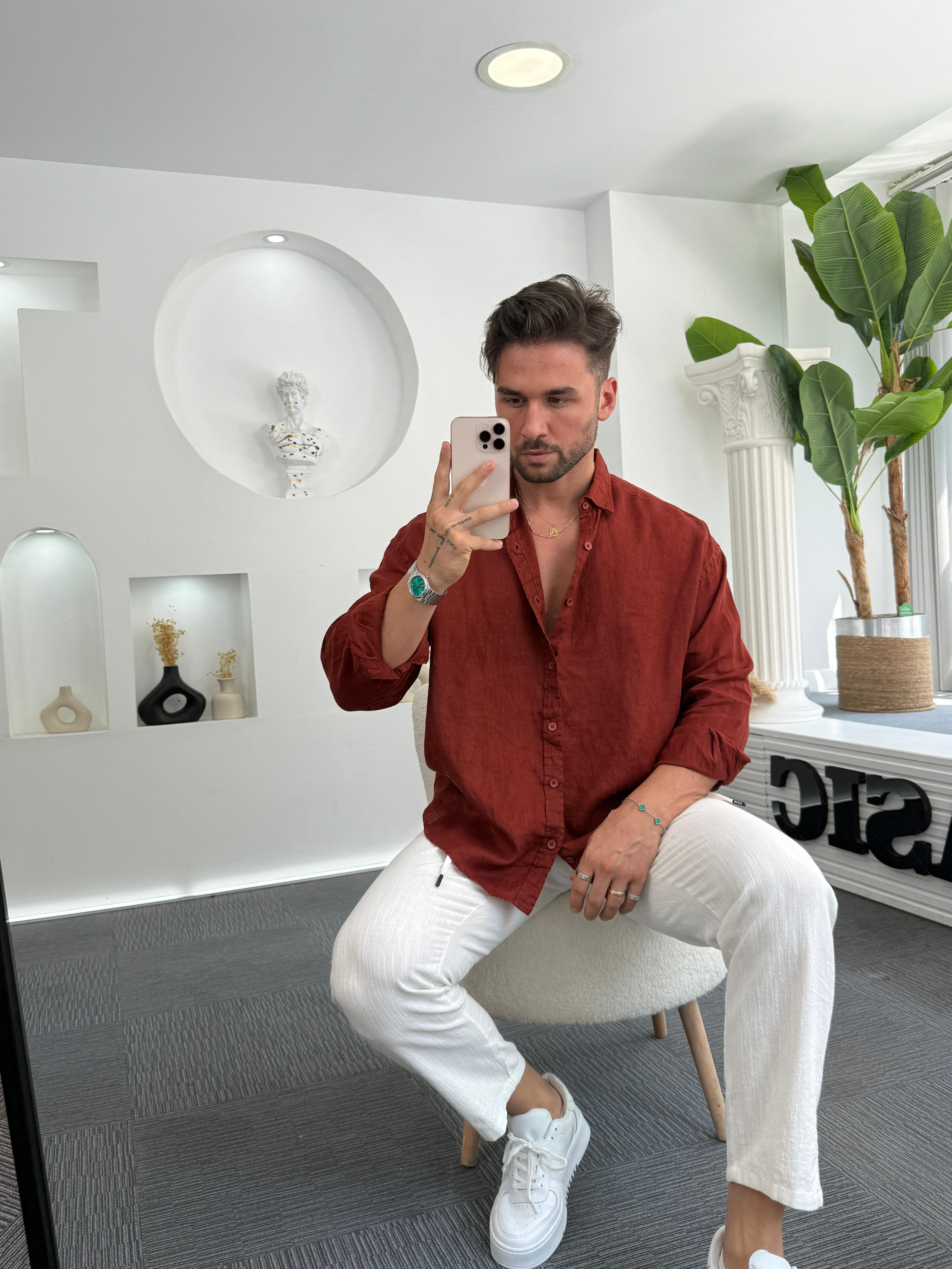 Kırmızı %100 Linen Oversize GG Gömlek