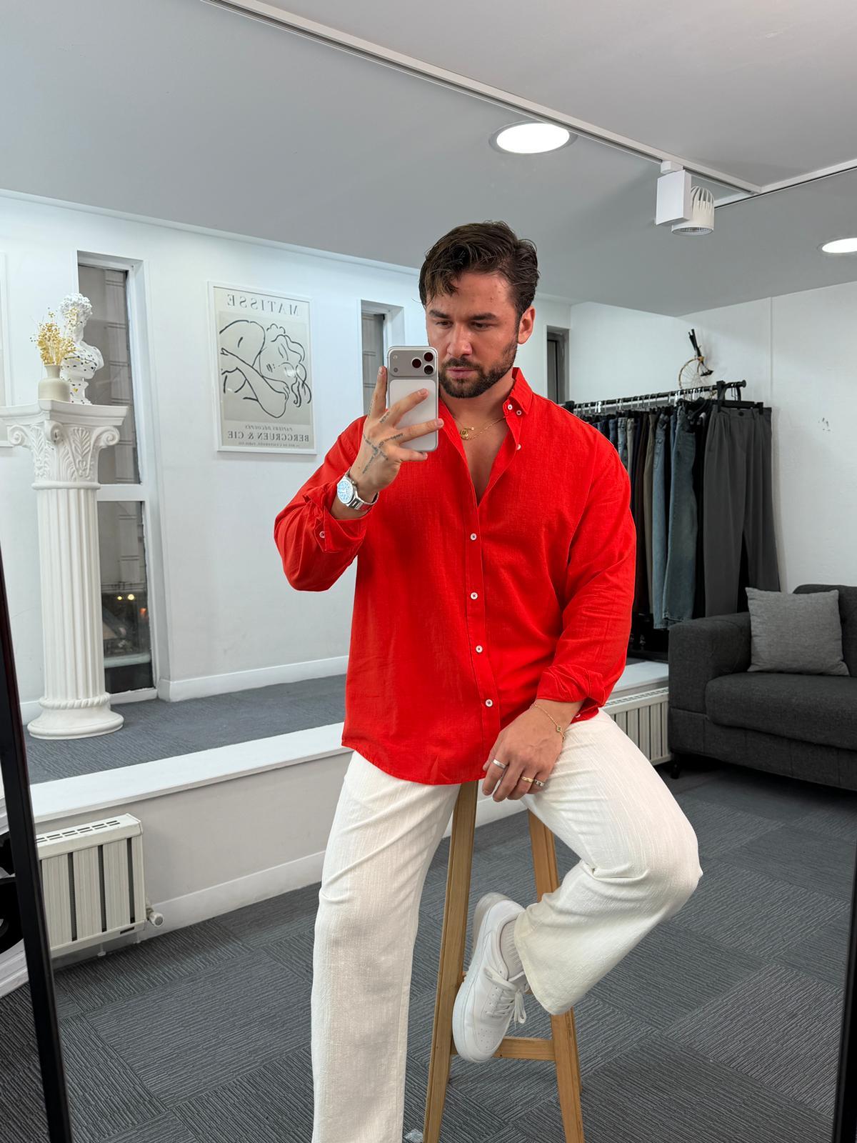 Kırmızı Giesto Oversize Fresh Keten Gömlek