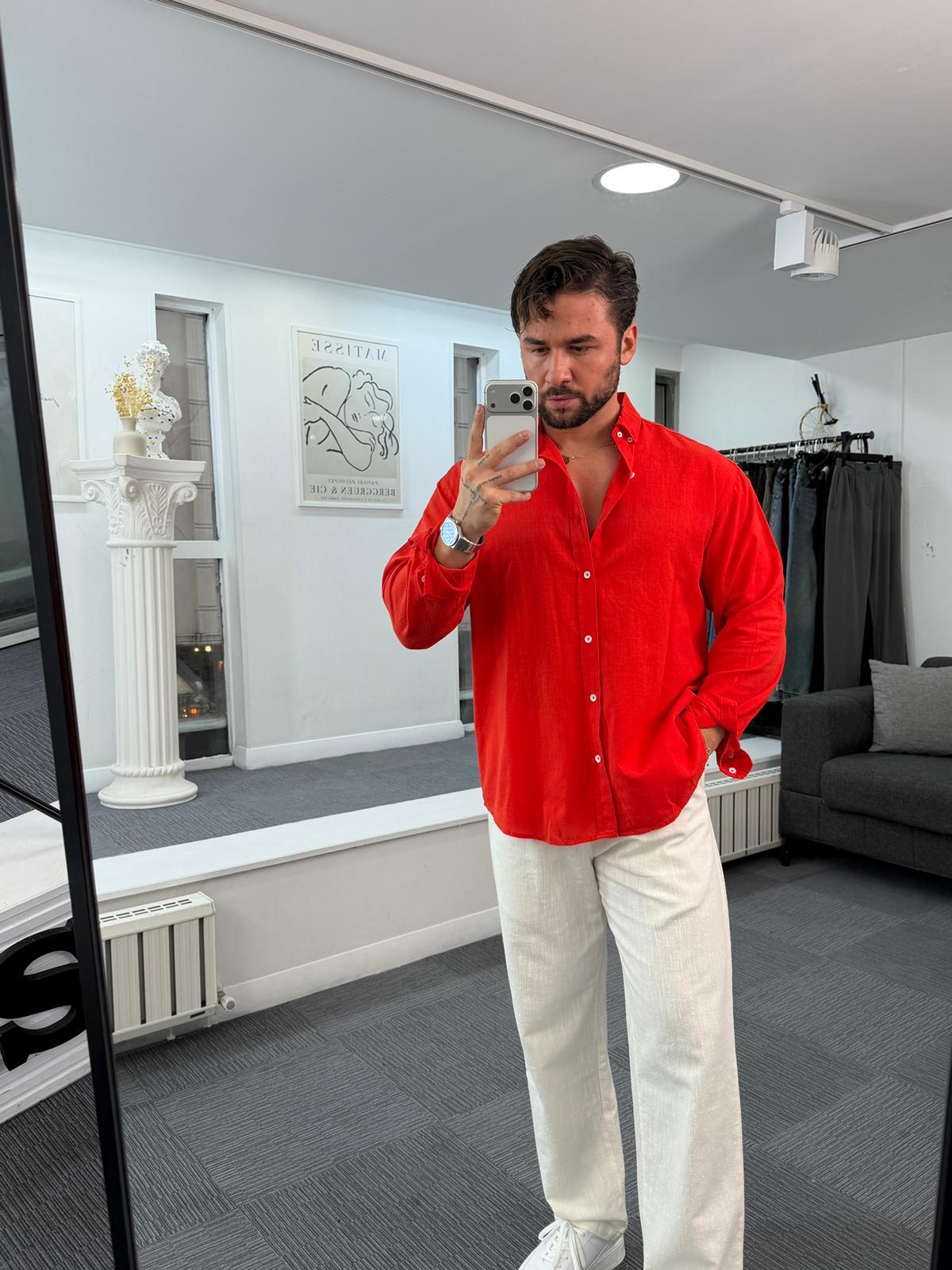 Kırmızı Giesto Oversize Fresh Keten Gömlek