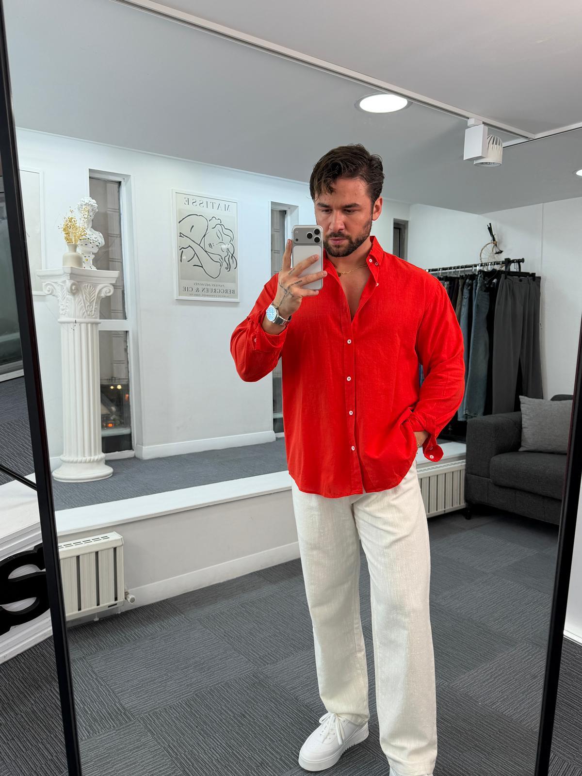 Kırmızı Giesto Oversize Fresh Keten Gömlek