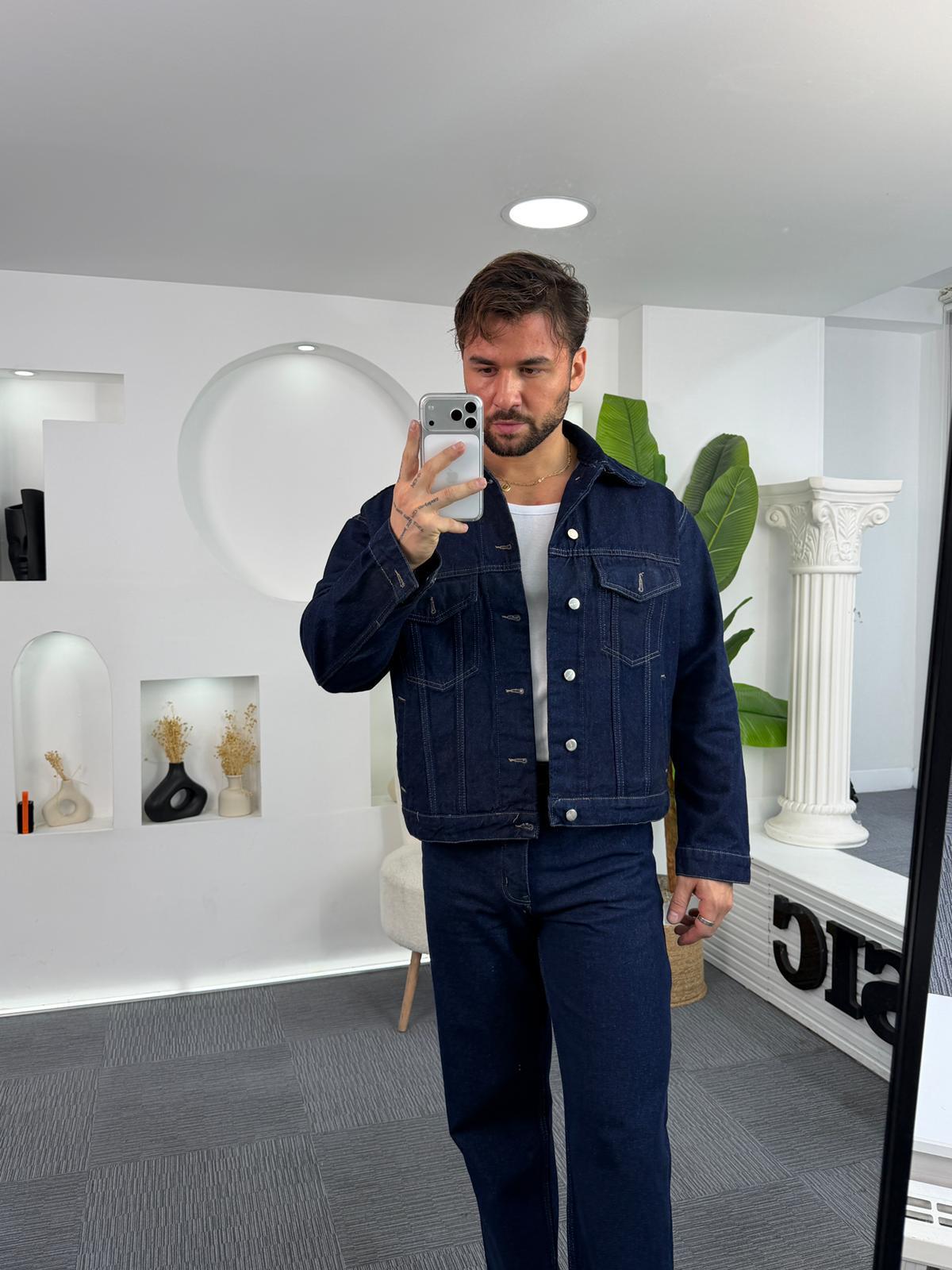 Koyu Mavi Giesto Oversize Retro Kot Ceket