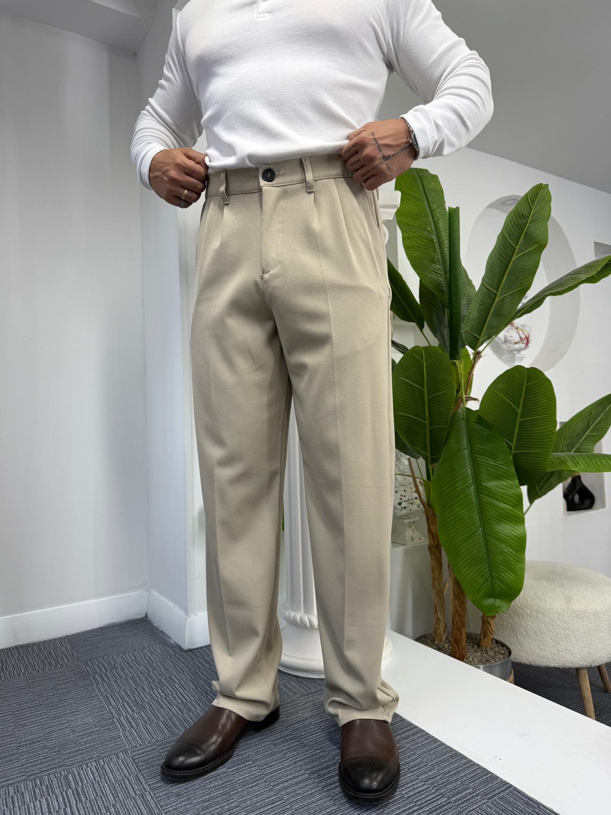 Krem GG Premium Baggy Kumaş Pantolon