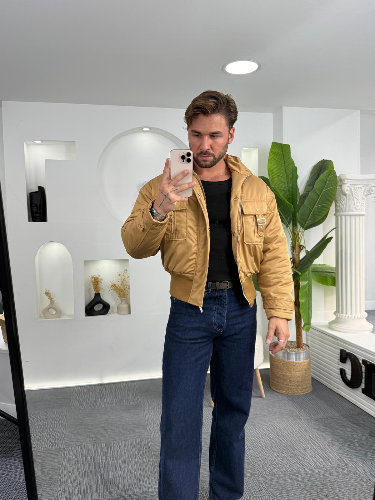 Krem Giesto Çift Cep Bomber Crop Ceket
